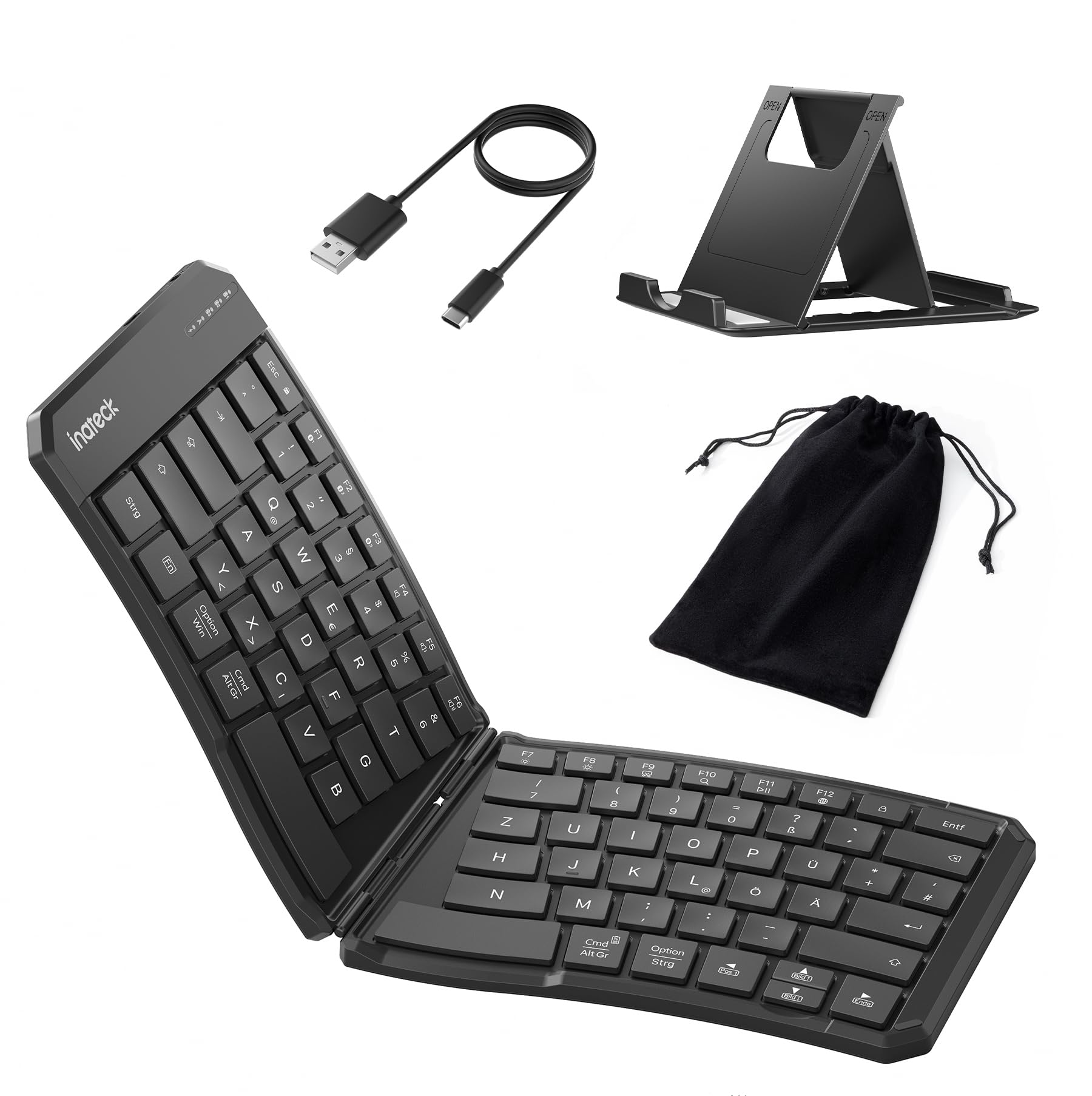 Inateck Faltbare Tastatur Ergonomische, Funktastatur Dual-Fold Magnetic QWERTZ,mit 3 BT,Mit Rückenclip zur Verwendung am Bein, mit Tasche/Ständer,für iPad iPhone Mac Android Windows,Nomad Ergo N0131