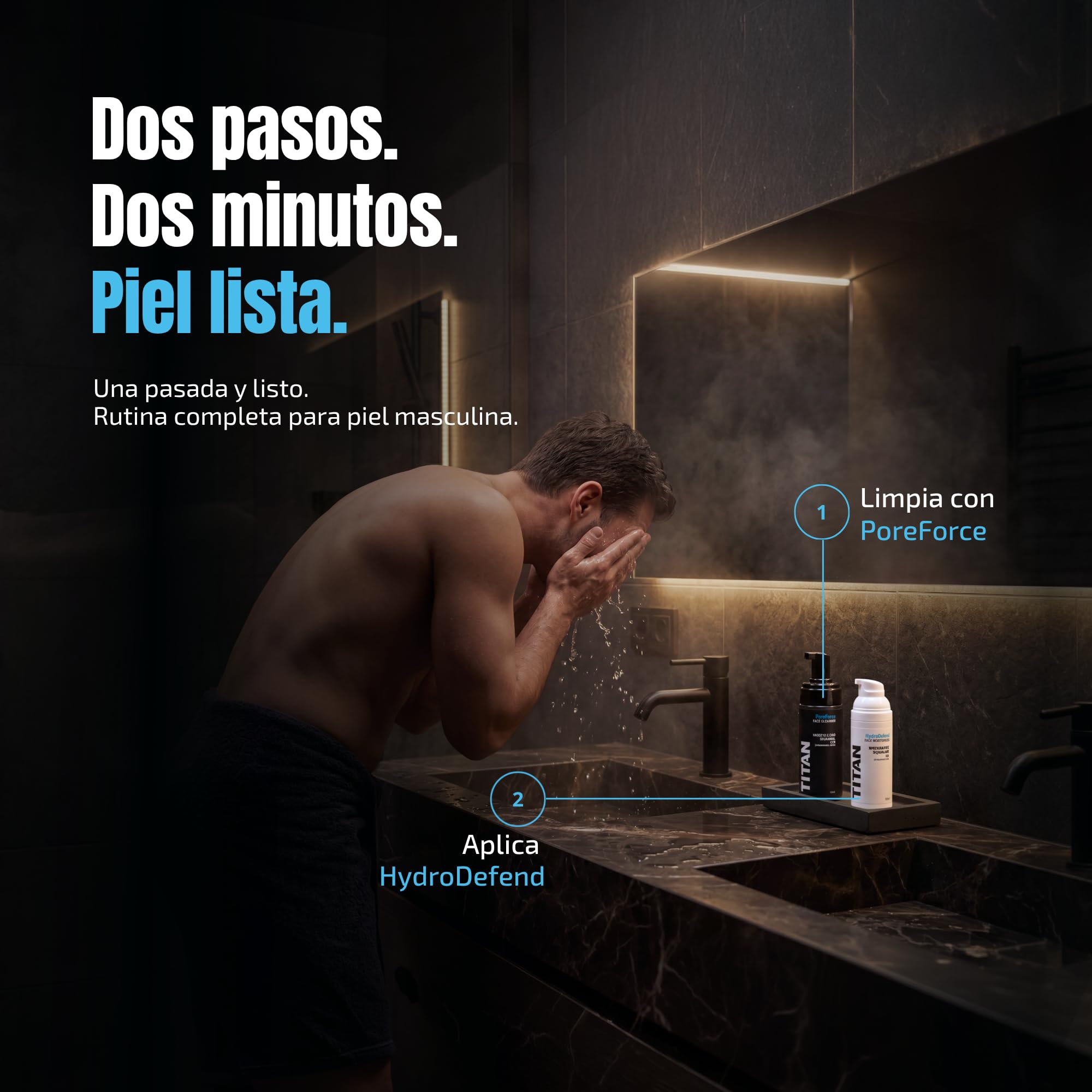 Titan Kit Cuidado Facial Hombre – Espuma Limpiadora PoreForce con Carbón Activo 150ml + Crema HydroDefend con Niacinamida y Péptidos 50ml + Neceser Nylon Balístico – Hecho en España