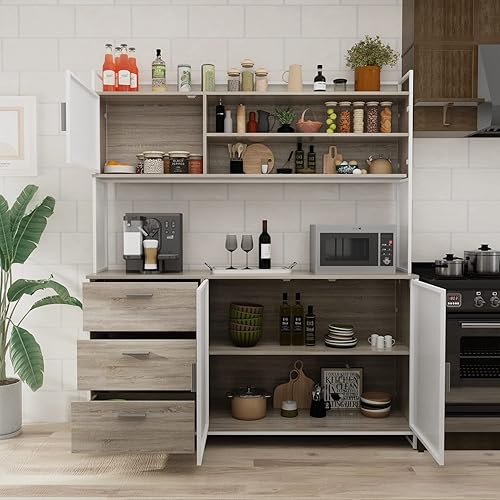 Large Kitchen Hutch Cabinet, Storage Cupboard Pantry with 3 Metal Doors, 3 Drawers & Microwave Shelf, for Kitchen Open Storage, Oak (59" W x 15.7" D x 68.5" H)