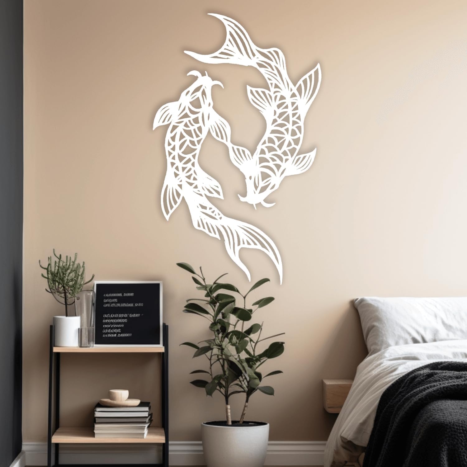 Décoration murale en métal moderne blanc de 53cm motif poisson koi zen