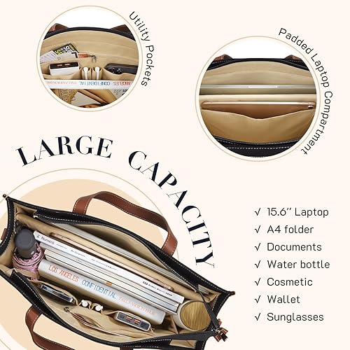 Miniatura 3 de Missnine Bolsa de lona para laptop de 15.6 pulgadas, bolsa de hombro de trabajo, maletín casual para viajes, oficina, universidad (negro + marrón),