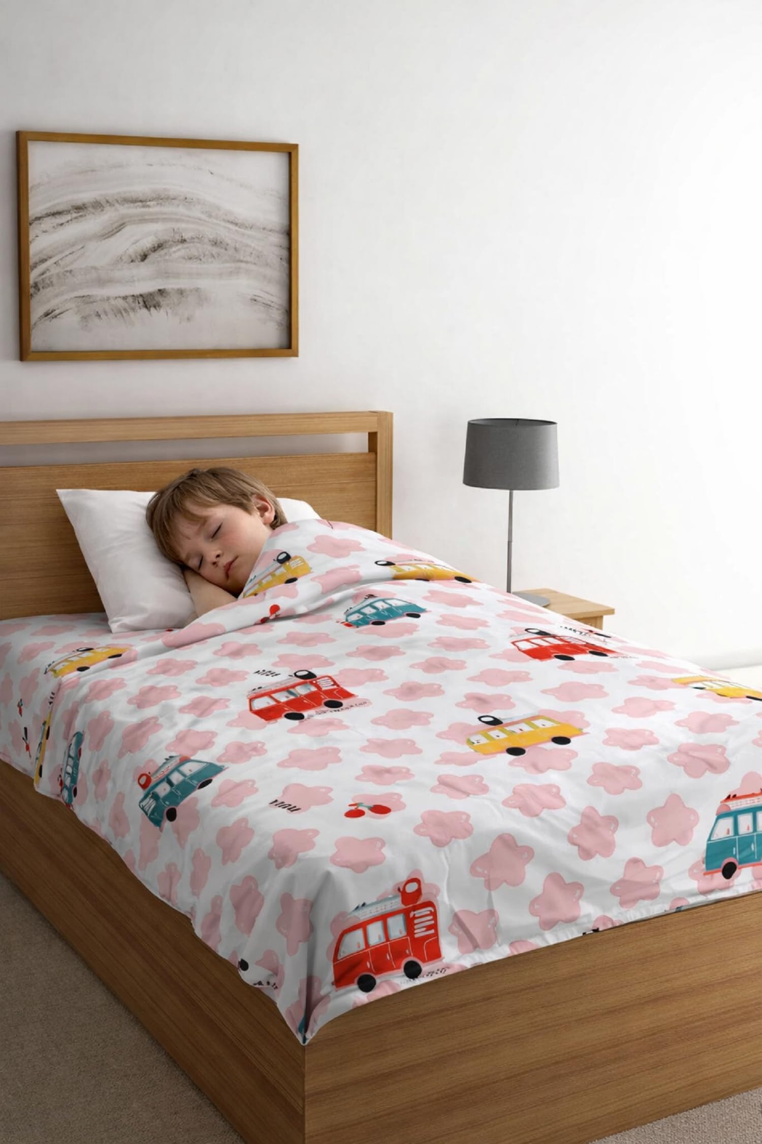 Glace Cotton 210 TC Duvet Cover Kids Cartoon Print for Single Bed | 60x90 Inches Comforter/Quilt/Razai/Blanket Cover with Zipper Closure | Soft & Durable Fabric (White, Pink Star)
