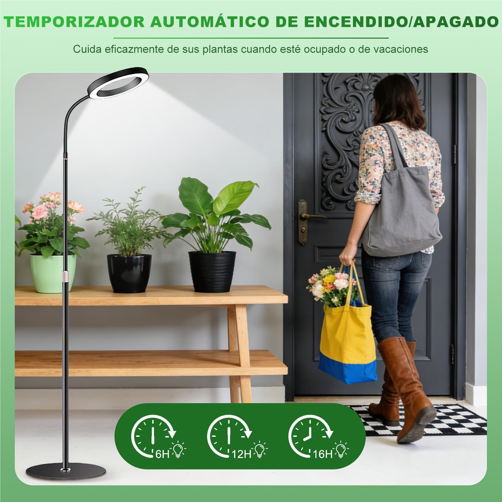 Lámpara para Plantas LED, luz de crecimiento plantas con Temporizador 6/12/16H, 3 Modos Luz & 10 Niveles Brillo, Altura Ajustable 57-165cm, Grow Light con temporizador y adaptador