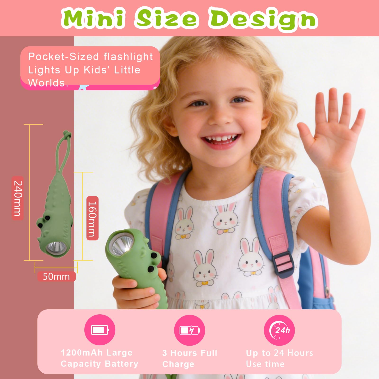Kinder-Taschenlampe, wiederaufladbar, Silikon, Kleinkind, LED-Taschenlampen mit 2 Modi, Dinosaurier-Spielzeug für Jungen und Mädchen im Alter von 3–12 Jahren, Handheld-Nachtlicht für Camping