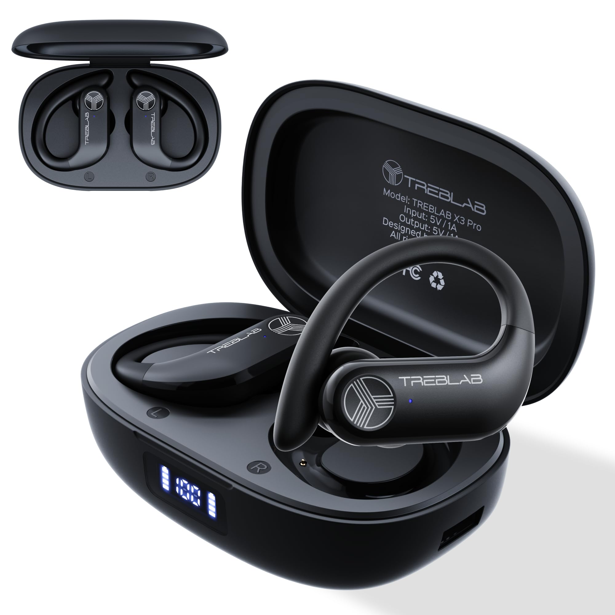 TREBLAB X3-Pro-Wireless Earbuds With Earhooks - 45H Playtime, Aptx, IPX7 Waterproof Earphones For Running & Workout-Sport Bluetooth In Ear Headphones With Charging Case-Built-In Microphone - Black