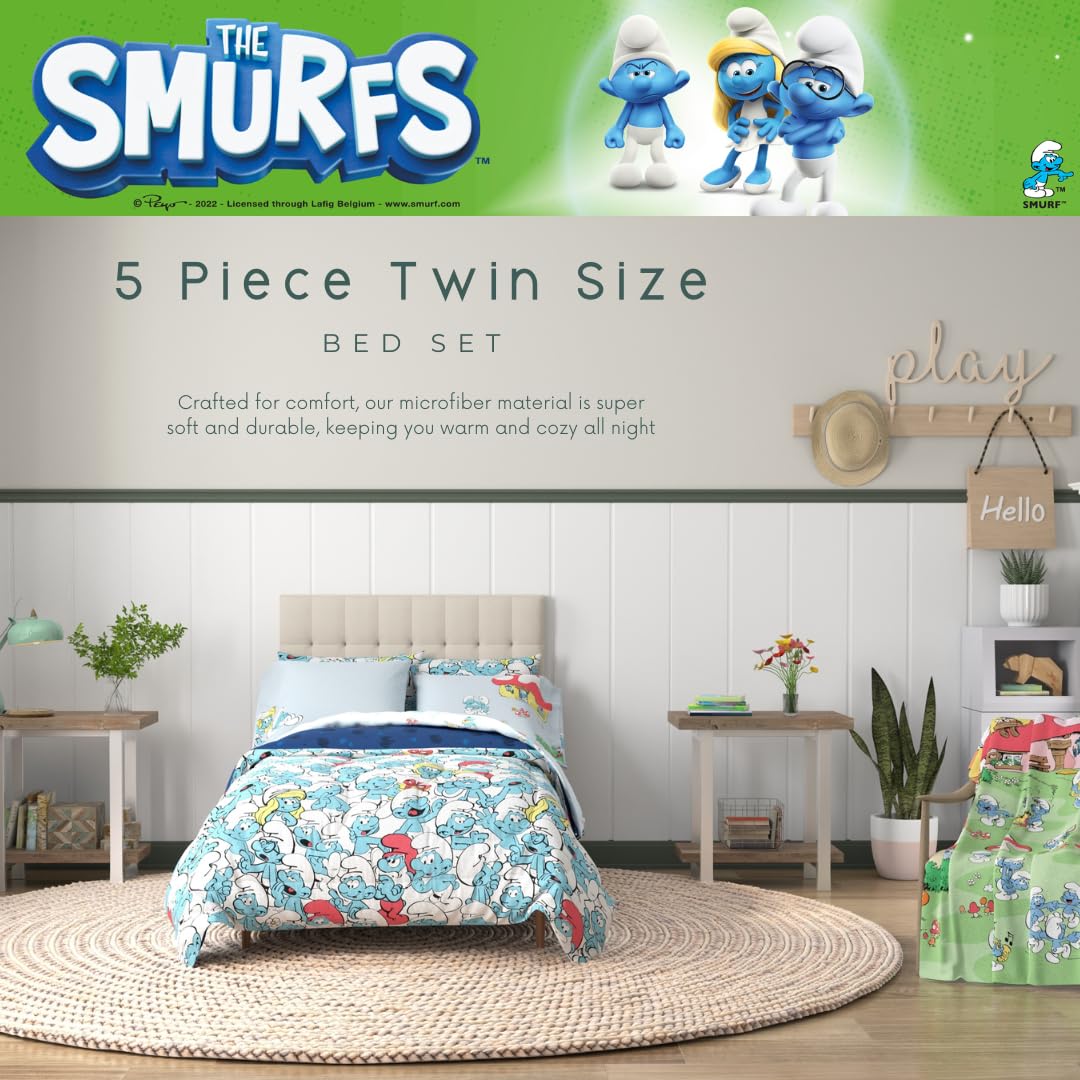 Franco The Smurfs Kinder-Bettwäsche-Set, superweich und gemütlich, wendbar, Mikrofaser, mit Kissenbezug, 5-teiliges Doppelbett, offizielles Lizenzprodukt