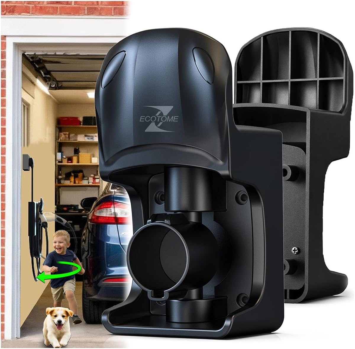 EV Charger Holder, Swivel Electric Car Charger Wall Mount, Garage or Tight Space Use, Not Stick Out, Keep 25ft Cord Off Floor, J1772 Charging Cable Organizer Hanger