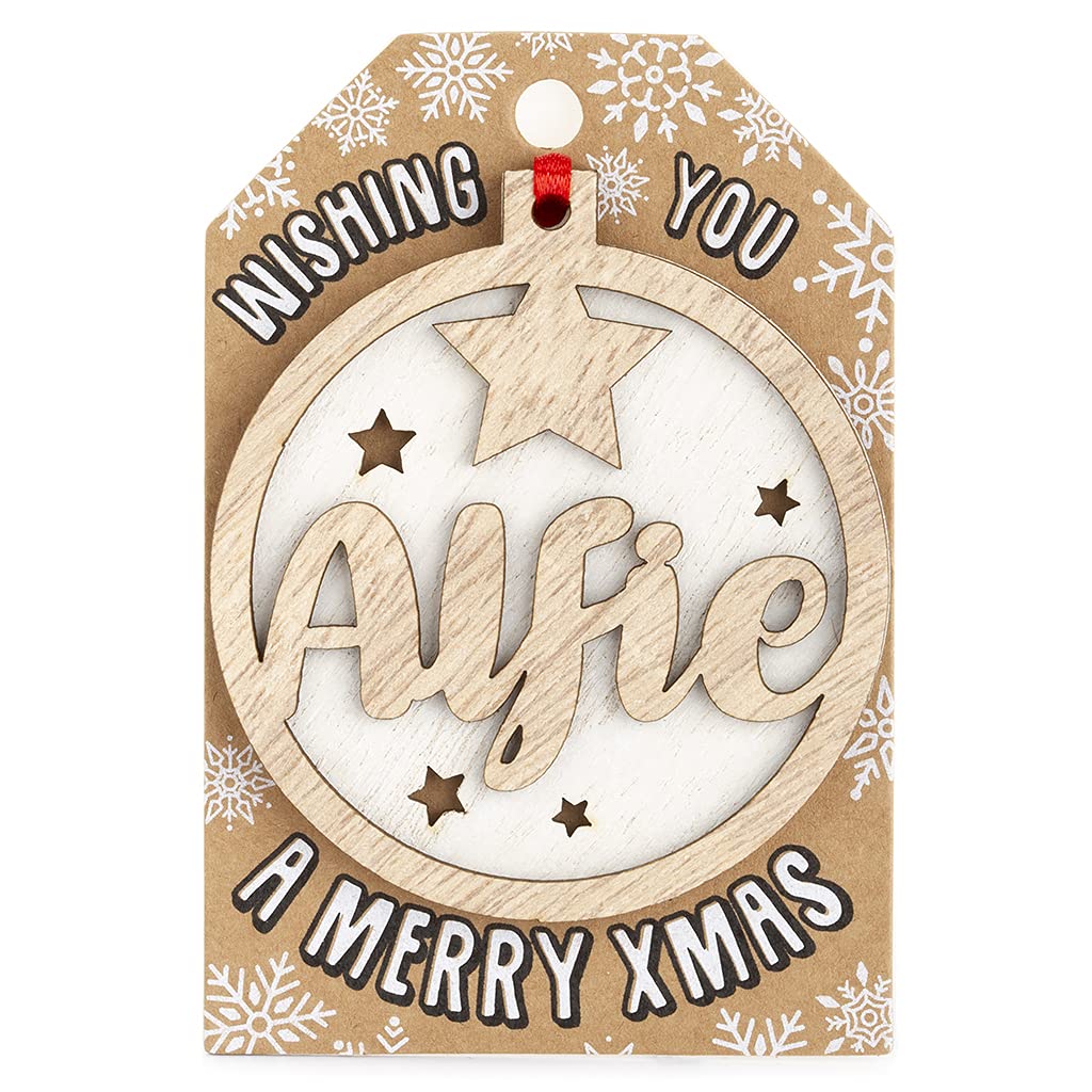 Personalised Wooden Alfie Name White Hanging Christmas Tree Bauble Decoration