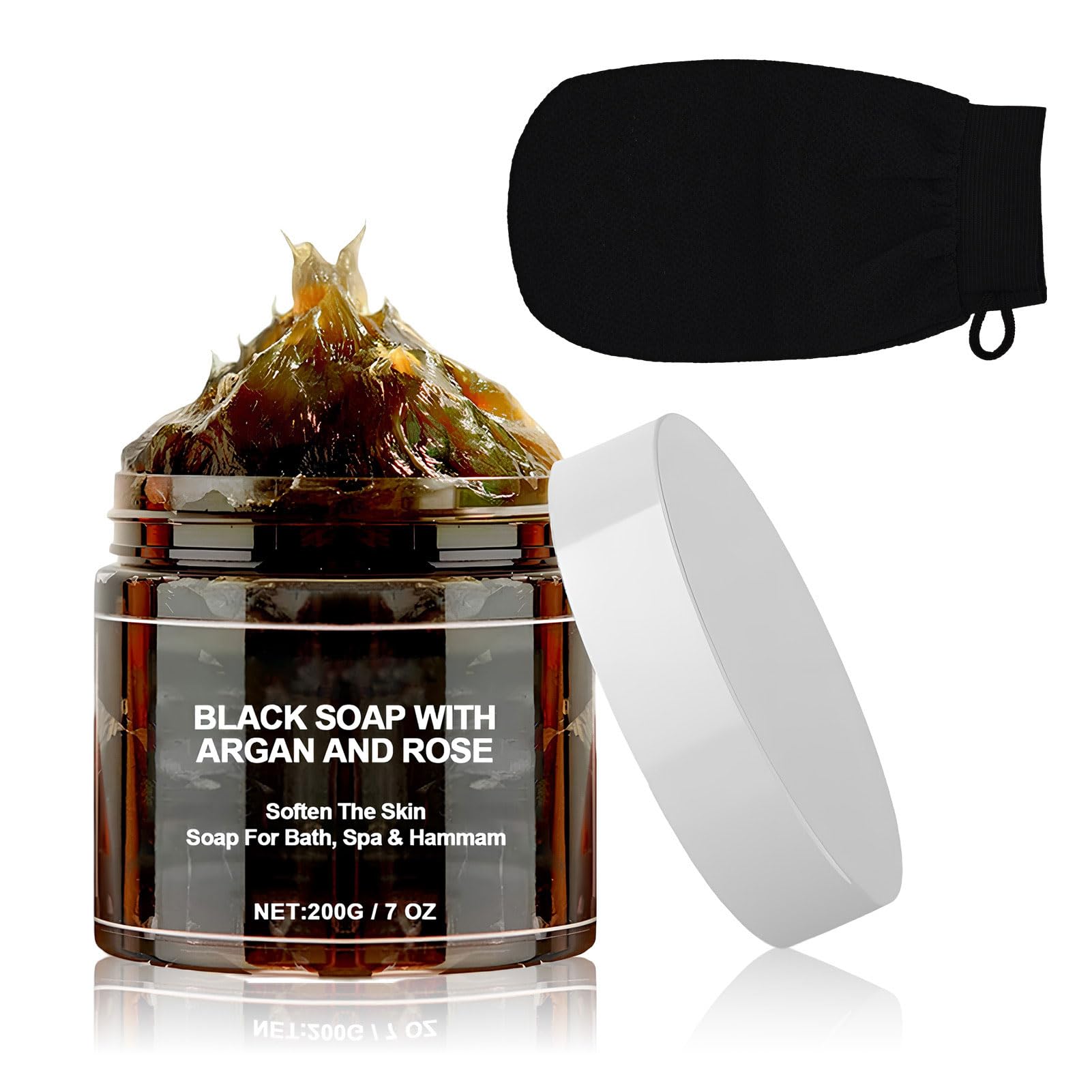 Savon Noir à L'argan et à la Rose,Savons Noirs Marocain avec Gant Exfoliant,Savon Exfoliant pour le Corps au savon Noir,Gel Douche exfoliant pour Peau Douce,Deep Cleansing and Softening Skin