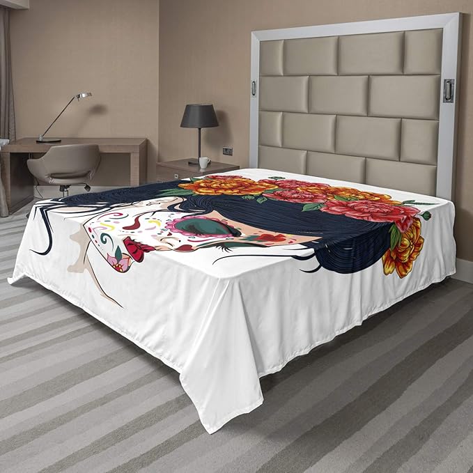 Ambesonne Day of The Dead Flat Sheet, Girl with Sugar Skull Makeup and Floral Wreath Cartoon Graphic, Soft Comfortable Top Sheet Decorative Bedding 1 Piece, Queen Size, Multicolor