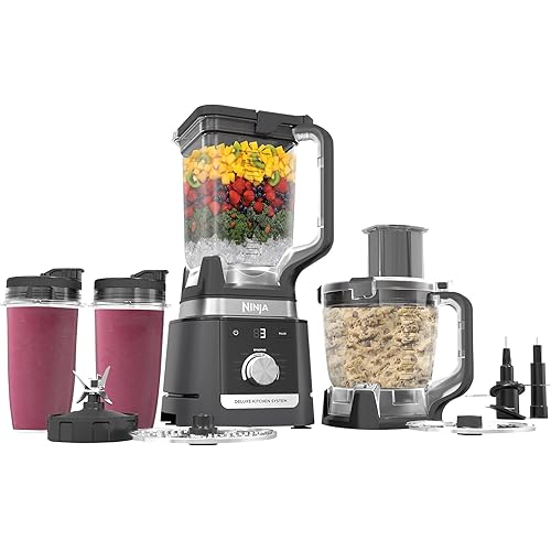 Ninja CO905KS Deluxe Kitchen System, 1600 WP Auto-IQ Base, 88-oz. Picther, 9-cup Deluxe Food Processor, (2) 24-oz. Single-Serve Cups (Renewed)