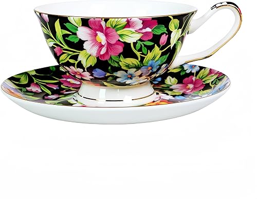 Juego de taza de té y platillo estilo jardín real taza de café con platillo 7 onzas de porcelana de hueso y platillo (negro)