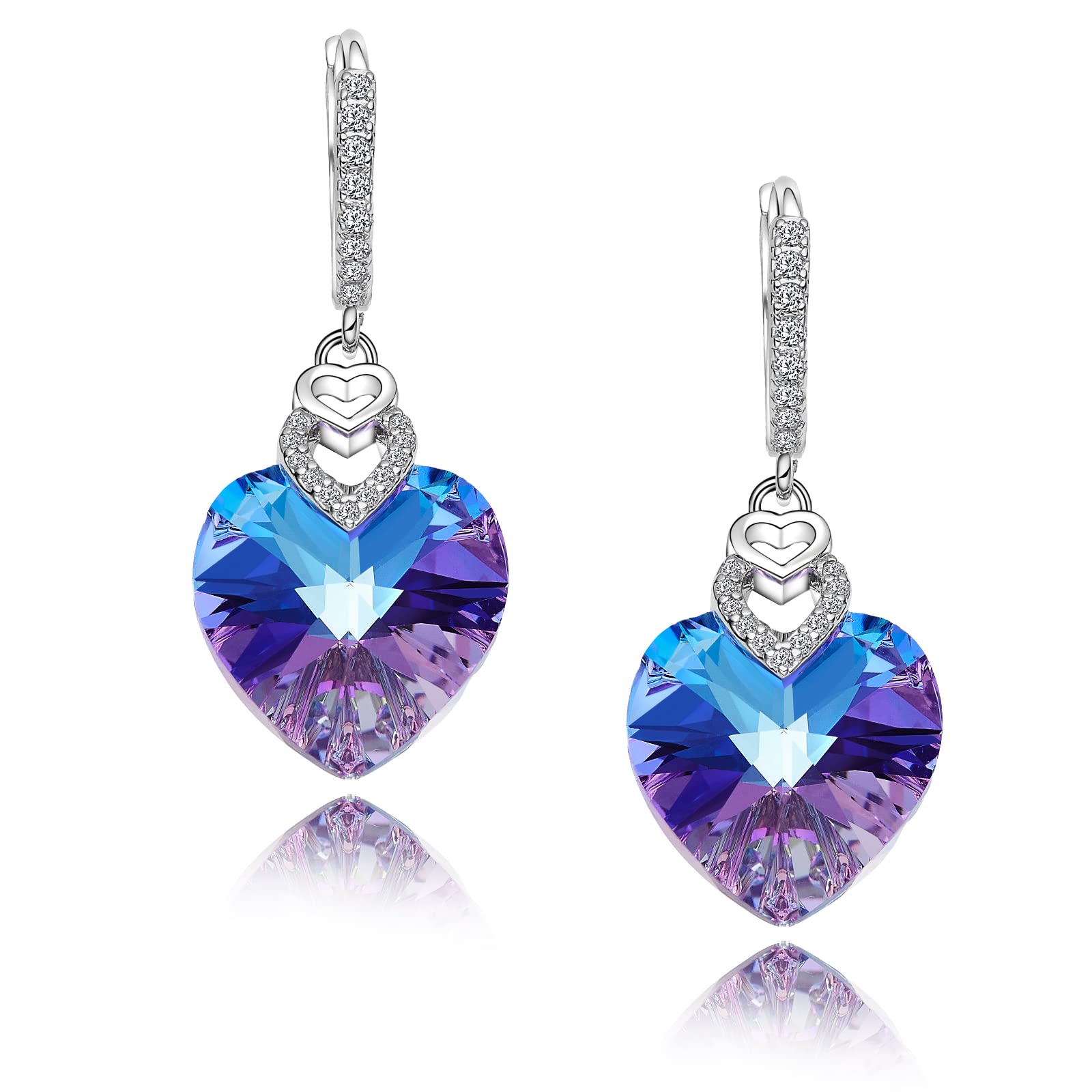 S925 Sterling Silver posts Heart Dangle Drop Hoop Earrings for Women Multicolored Crystal Cubic Zirconia Purple Amethyst Dangling Earrings Fashion