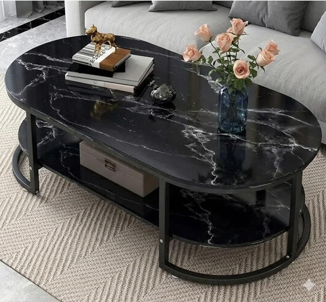 Oval Center Table Modern 2-Tier Coffee Table with Marble Finish Top Gold Metal Frame Stylish Sofa Table Elegant Cocktail for Living Room/Drawing/Dining Room, Black & Black-image-16