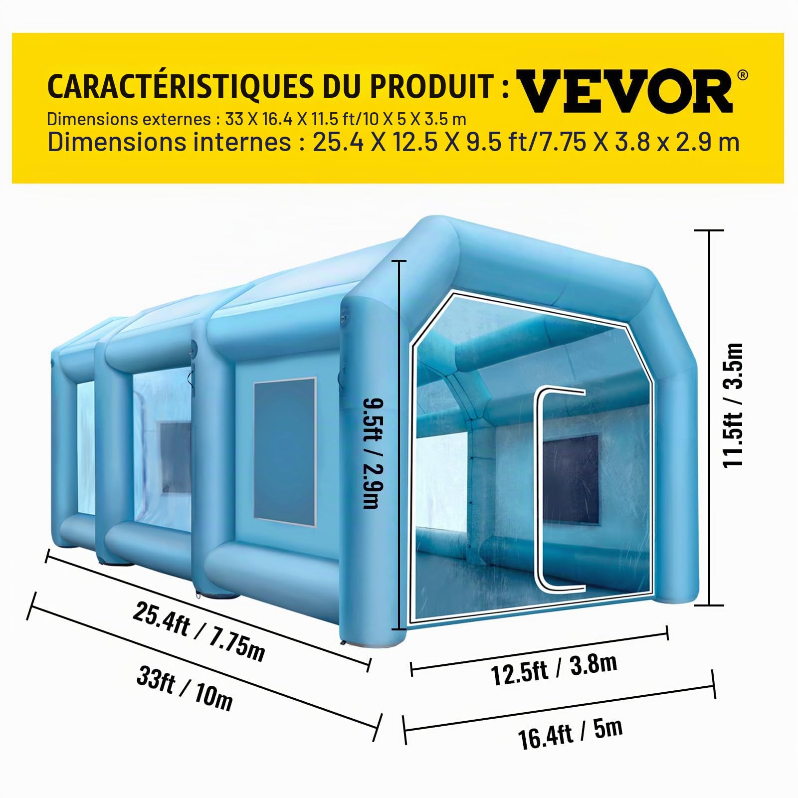 VEVOR Cabine de Peinture Gonflable 10x5x3,5 m, Tente Pulvérisation Gonflable pour Voiture, avec 2 Souffleurs et Système de Filtration, Portable, Station de Travail de Peinture Automobile, Garage