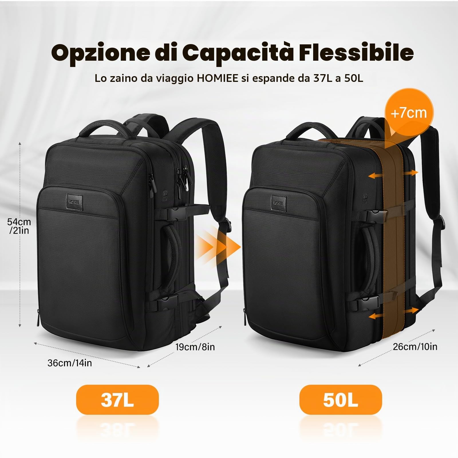 HOMIEE Zaino Viaggio Uomo 50L Zaino Aereo Valigia Bagaglio a Mano Borse Cabina Zaini Port PC 18 Pollici Espandibile Impermeabile Zainetto per Laptop Università Lavoro d'affari (Nero)