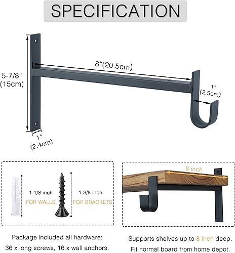 Miniatura 4 de OVOV Soportes de Barra de Armario Resistentes de 8 Pulgadas Soportes de Estante de Armario con Portabarra Negro Soportes de Barra de Armario