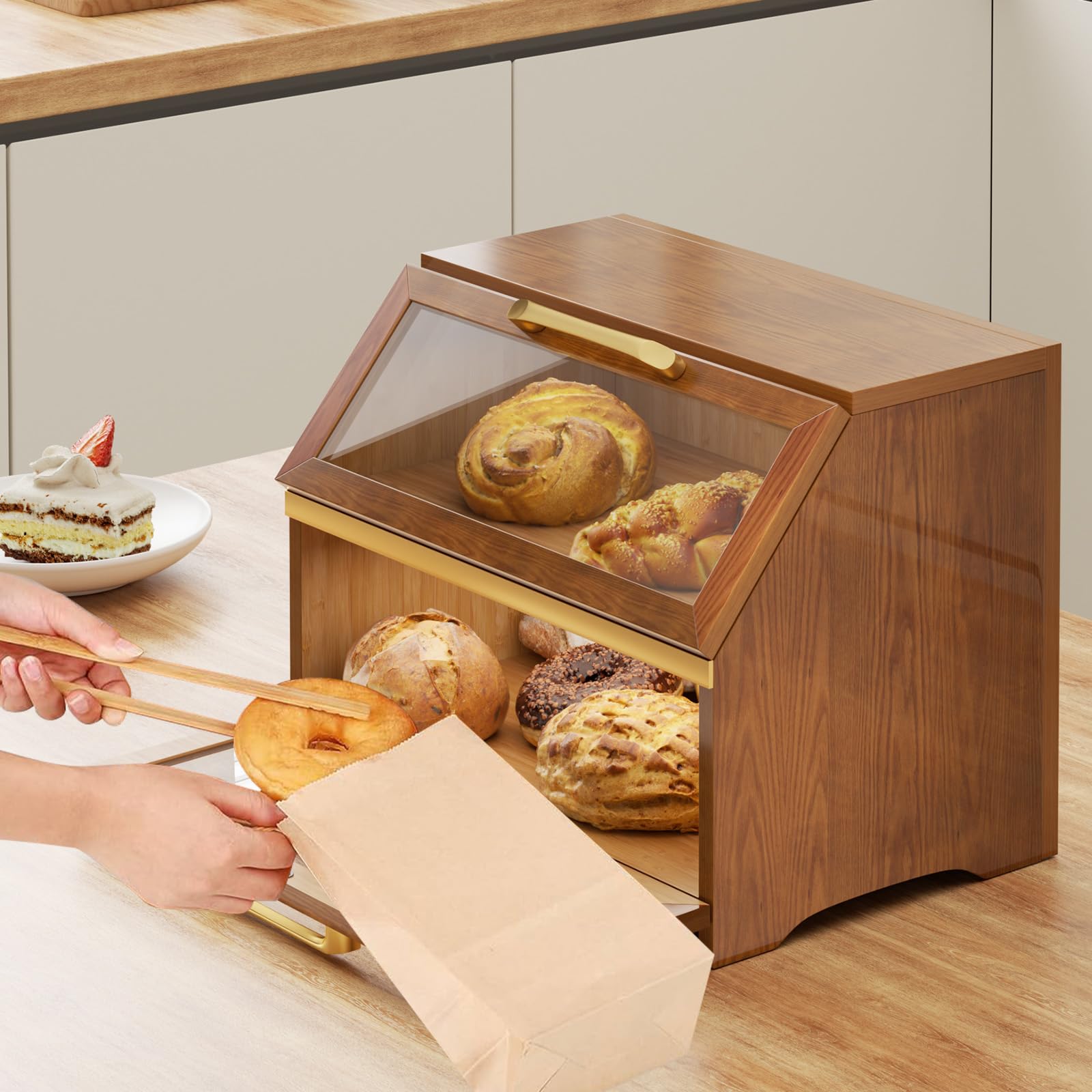 Chlebak z wentylacją z drewna, na blat kuchenny, duży pojemnik do przechowywania chleba na samodzielnie upieczony chleb, organizer w stylu wiejskim do narożnika kuchennego, szafki (orzech K)