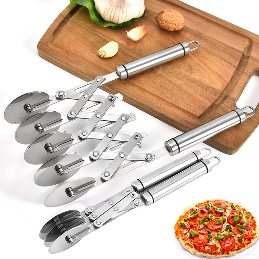 Uitbreidbare Pizza Snijder, Gebaksnijder, Roestvrij Pizzasnijder, Multi Ronde Deegverdeler, Pizzasnijder met Meerdere Wielen, Voor Pizza, Gebak, Taarten, Pasta, Brood, enz. (3 wielen