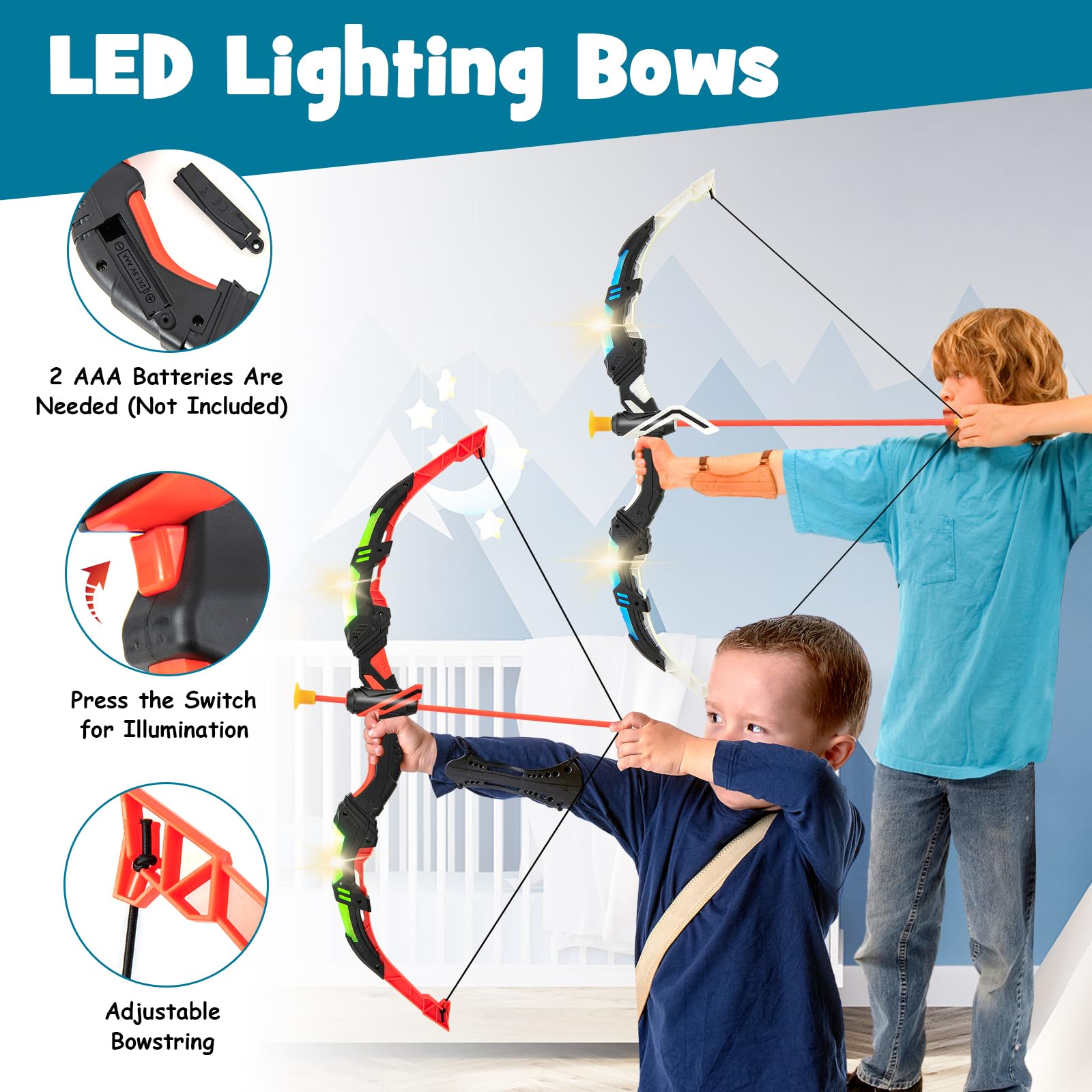 HOMASIS Set di Arco e Frecce per Bambini, Giochi all'Aperto per Bambini con 2 Archi/ 20 Frecce/ 2 Faretre/Bersaglio, Tiro al Bersaglio Bambini con Luci LED Lampeggianti, Regalo per Bambini dai 3 Anni