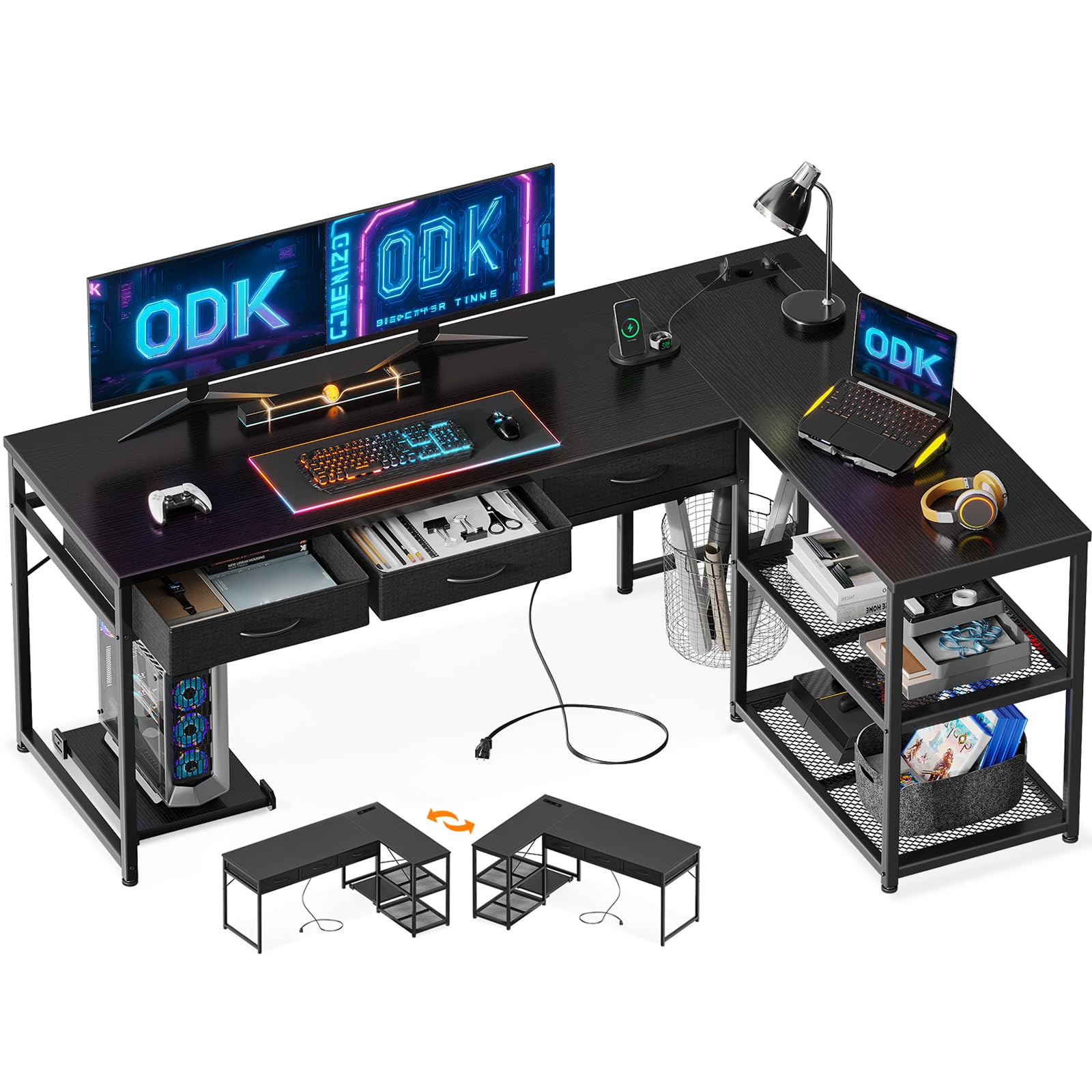 ODK Narożne biurko z USB i szufladami (czarne, 155 x 110 cm)