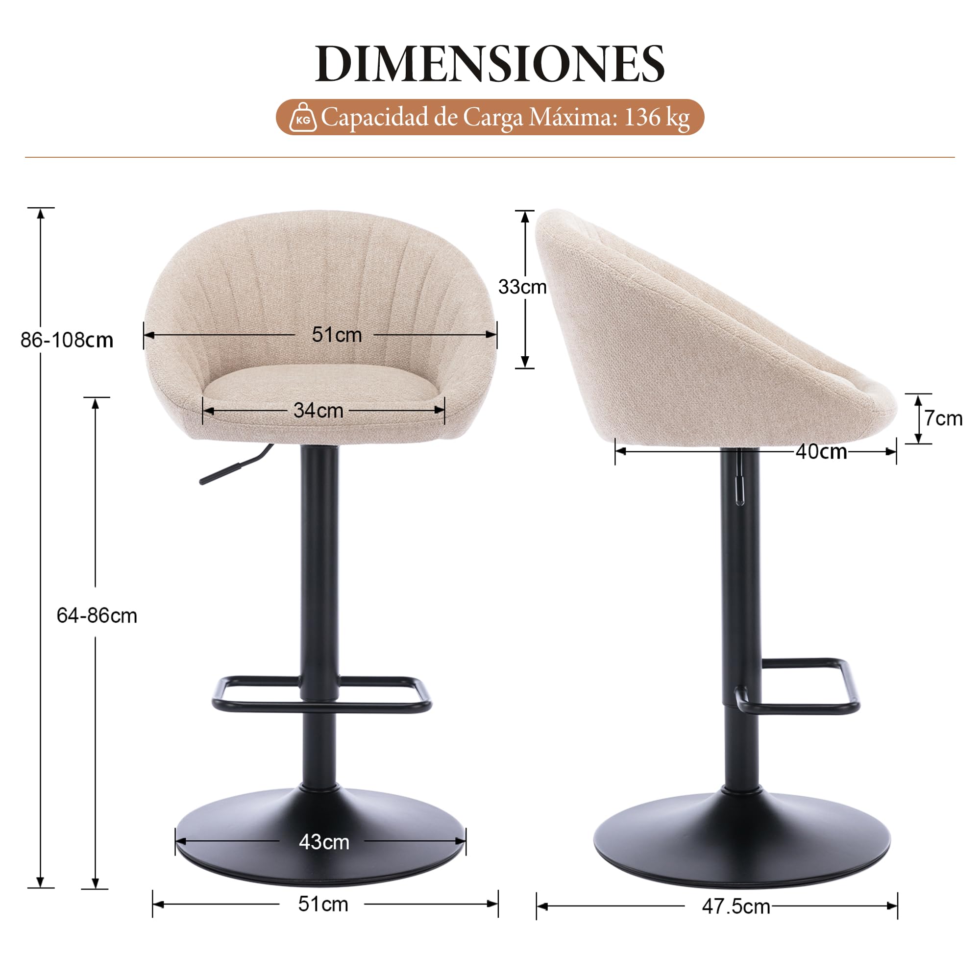 Ya-Home Juego 2 Taburetes de Bar Modernos Taburetes Alto de Cocina con Respaldo,Sillas Bar Giratorios Sillas Altas de Mostrador Regulables para Isla Cocina/Restaurante,Beige