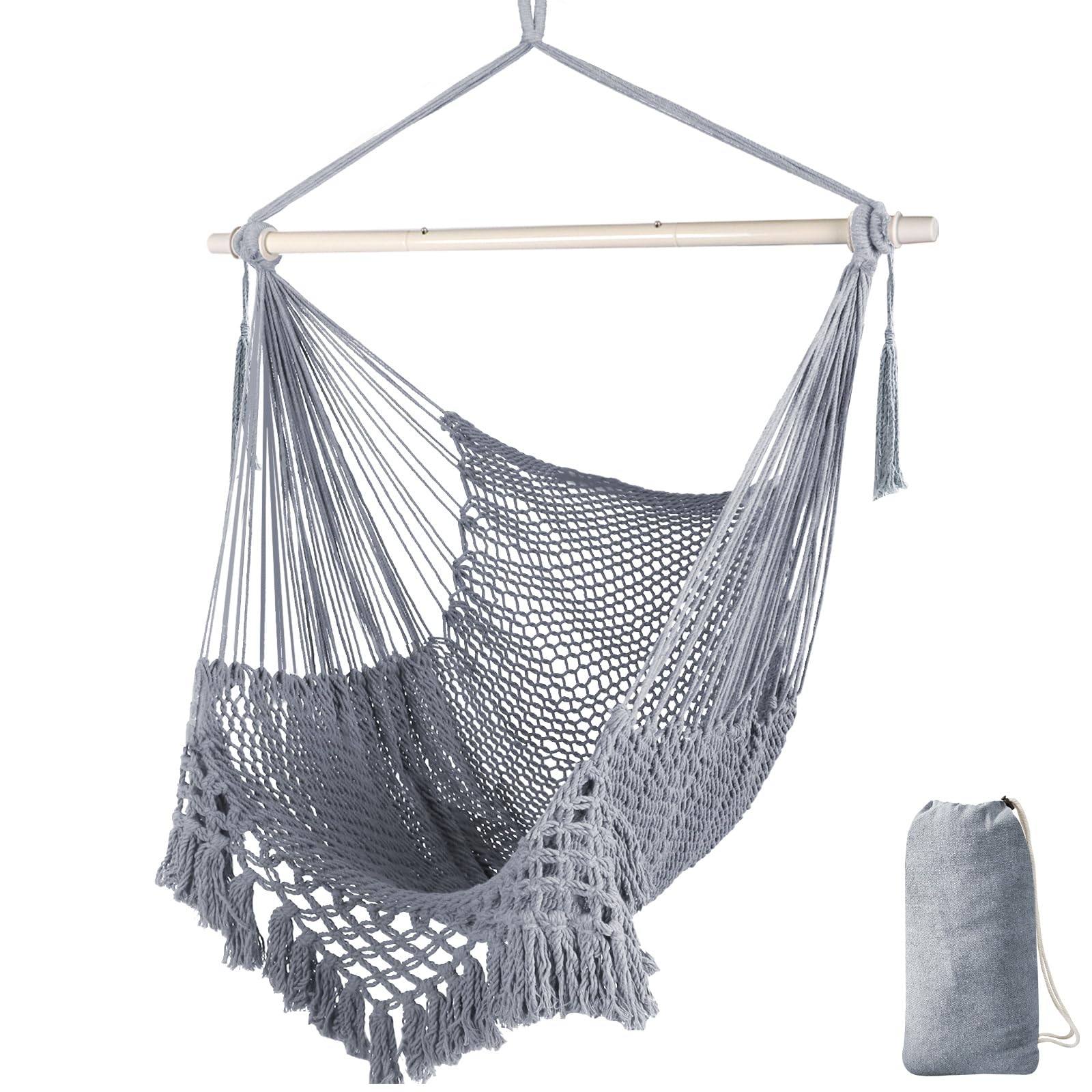Chihee Super Large Hanging Hammock Chair, Soft-Spun Cotton Rope Weaving, Collapsible Strong Metal Spreader Bar, Wide Seat Lace Stretch Swing, Indoor/Outdoor Garden Yard Theme Decoration
