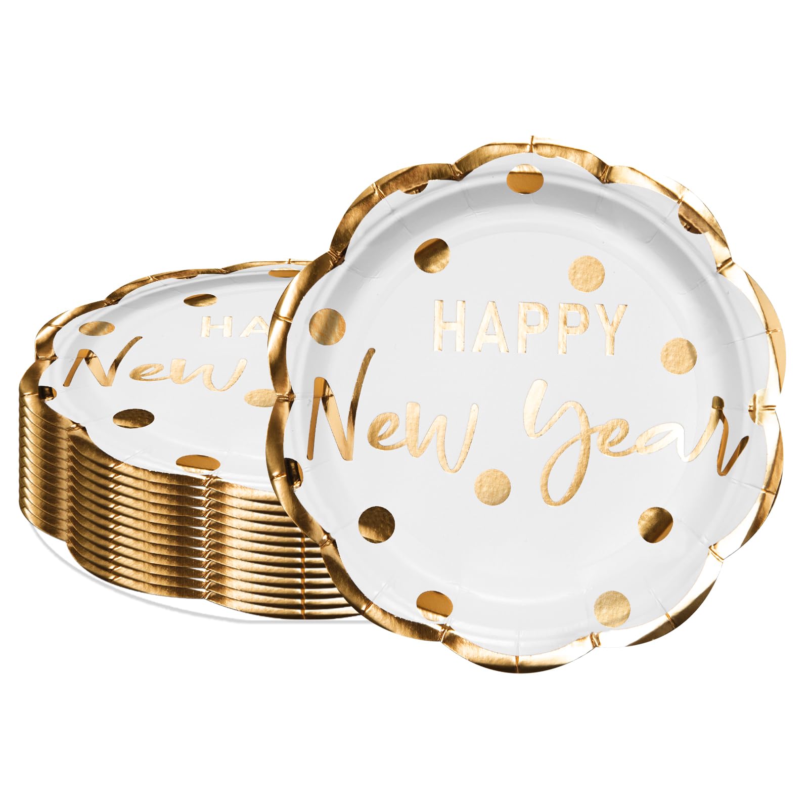 LeZakaa 25Pcs Christmas Paper Plates - Happy New Year Lettering in White, Gold Foil Design Disposable Party Plates Decorative Tableware Supplies Table