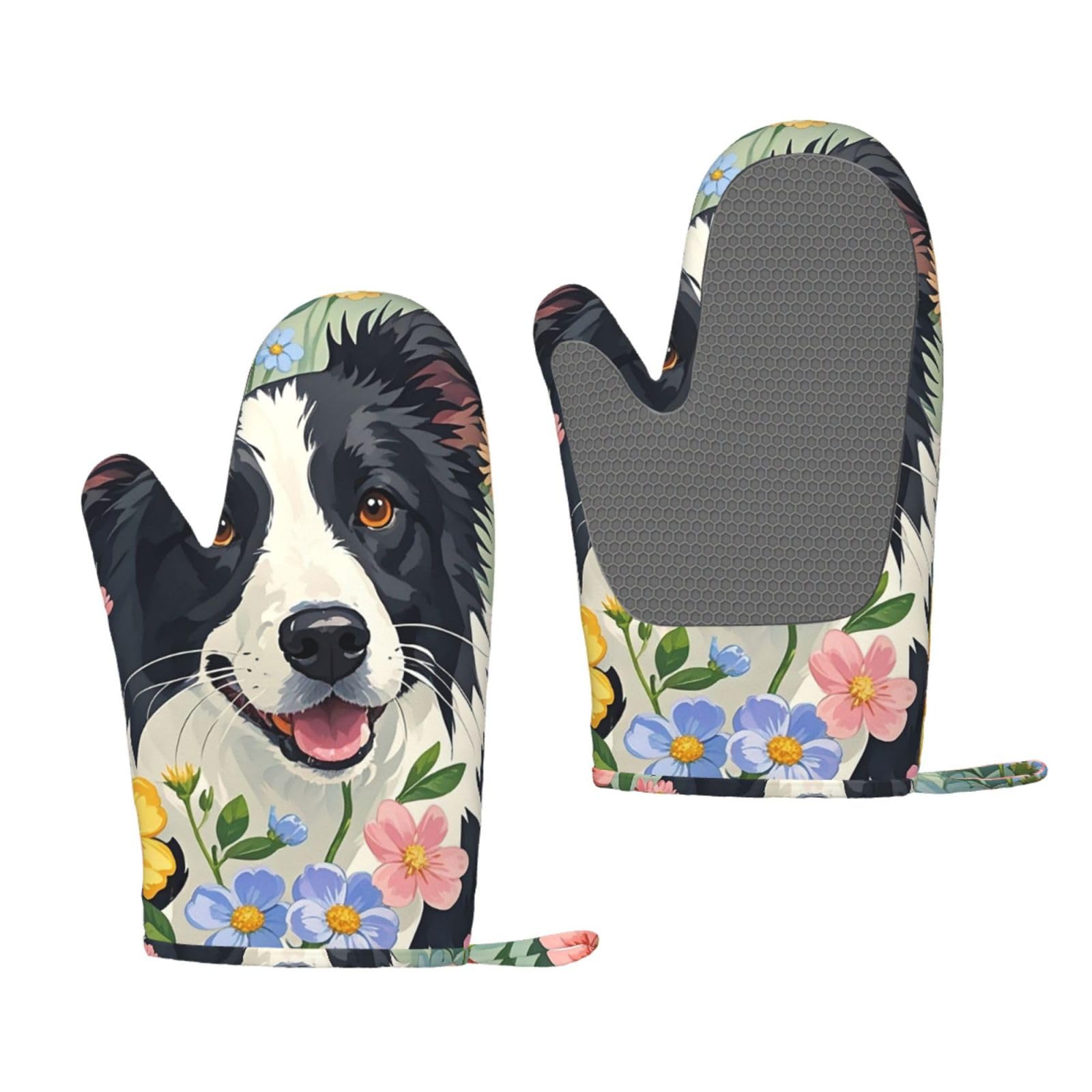 Oven Mitts Sets of 2 Heat Resistant Kitchen Gloves Border Collie Florals Oven Mitts BBQ Oven Gloves Non-Slip Silicone Oven Mitts Waterproof Cooking Safety Gloves for Kitchen Baking Cooking