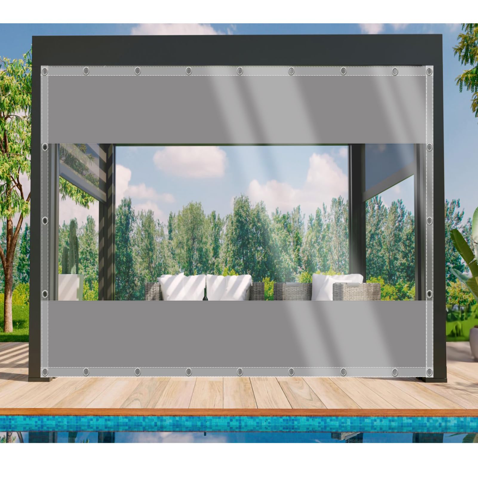 DGSFES Clear Tarpaulin Waterproof Heavy Duty 2.2mxL 2.6m Tarp with Eyelets, Outdoor Transparent Rainproof Tarpaulin 600 g/m² Pergola Side Panels for Garden Patio Cover
