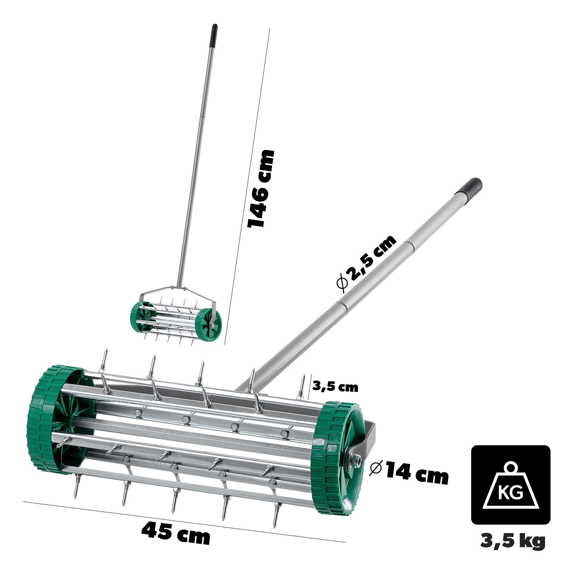KADAX Aeratore manuale per prato in acciaio robusto, aeratore manuale con chiodi da 3,3 cm, aeratore a pavimento con impugnatura ergonomica, rullo robusto (148 cm)