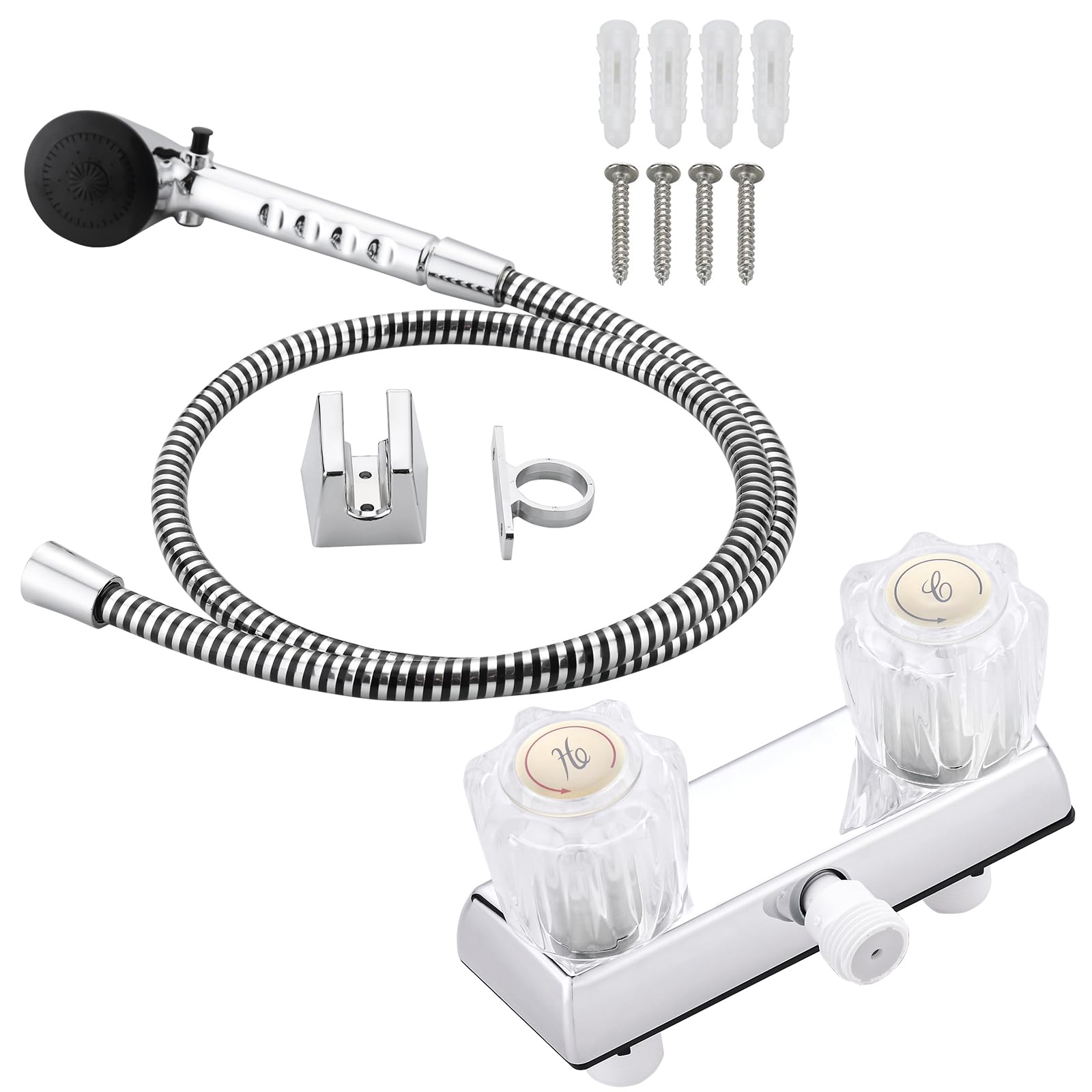 RV Shower Faucet with Hose and Head, RV Outdoor Shower Kits, RV Tub Faucet with Shower Diverter Outdoor Shower Kit Fits for RV/Campers,Travel Trailer,Motorhome (Shower Faucet Kit, Chrome)