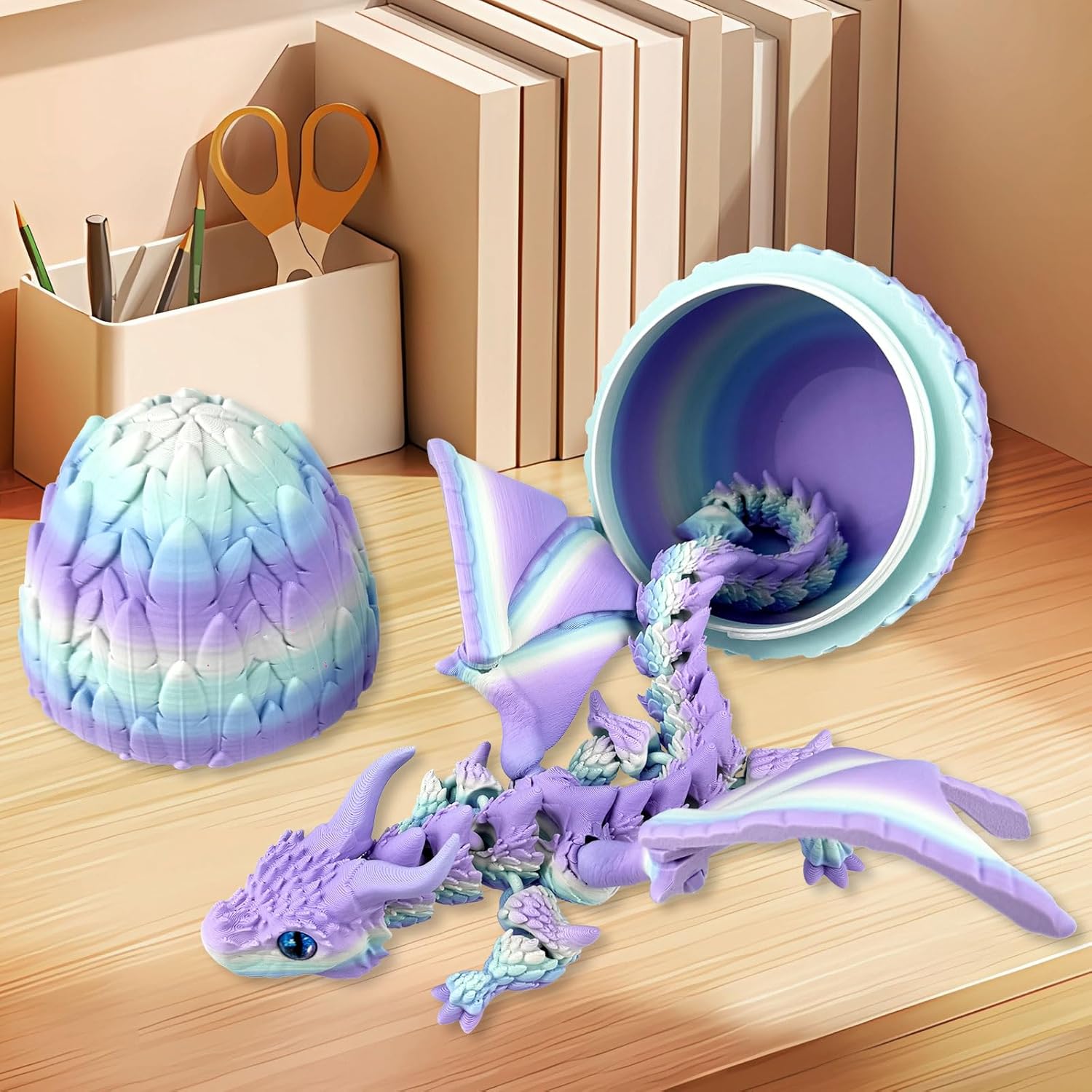 Large Dynamic 3D Printed Dragon Egg with Dragons Inside， 3D Printed Flexible Articulated Crystal Animals with Movable Wings , Flying Fidget Bird with Eyes Model for Desktop Home Decoration(YGMH)