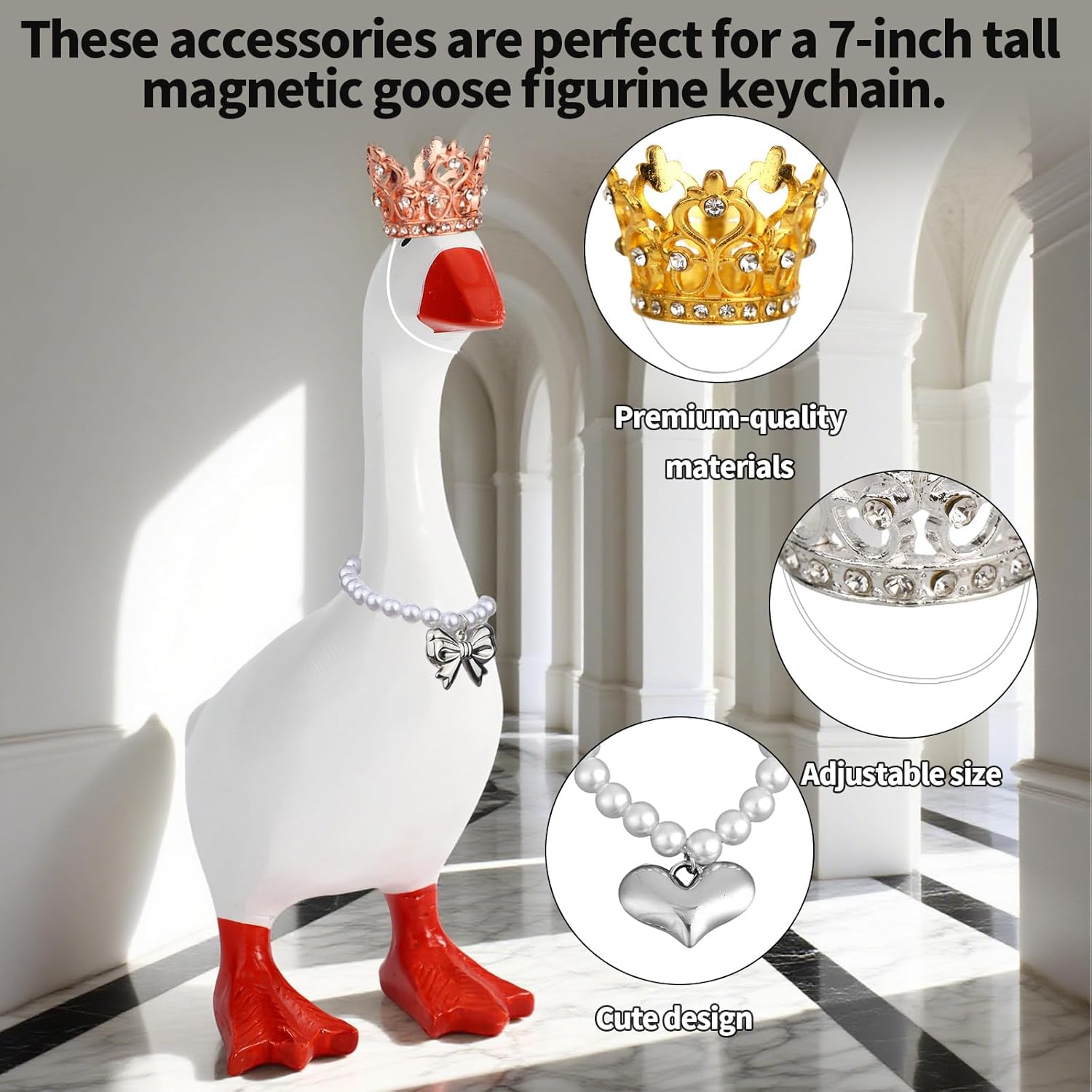 3 Sets 7 inch Mini Desk Goose Outfits, Crown & Pearl Necklace Cute Desk Goose Accessories for Magnetic Geese Key Holder Office Home Decor Funny Gift