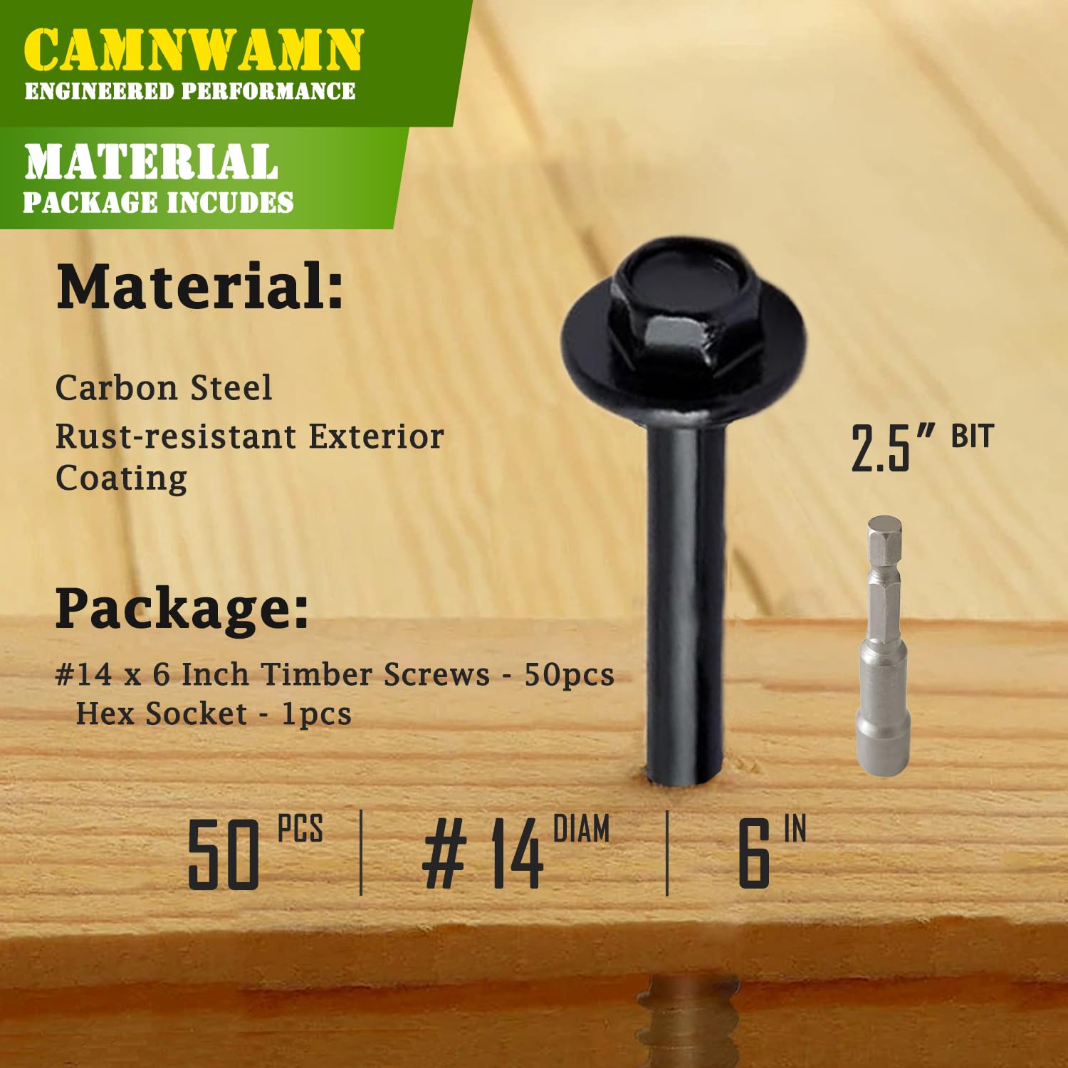 CAMNWAMN [Pack of 50] #14 x 6 inch Wood Structural Screws, Heavy Duty Hex Head Black Timber/Log/Landscaping Wood Screws, Rust Resistant, Hex Socket Included