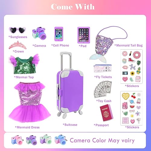 Miniatura 4 de Ropa y accesorios de muñeca de sirena de 18 pulgadas, maleta de muñeca brillante, juego de viaje para muñecas de 18 pulgadas
