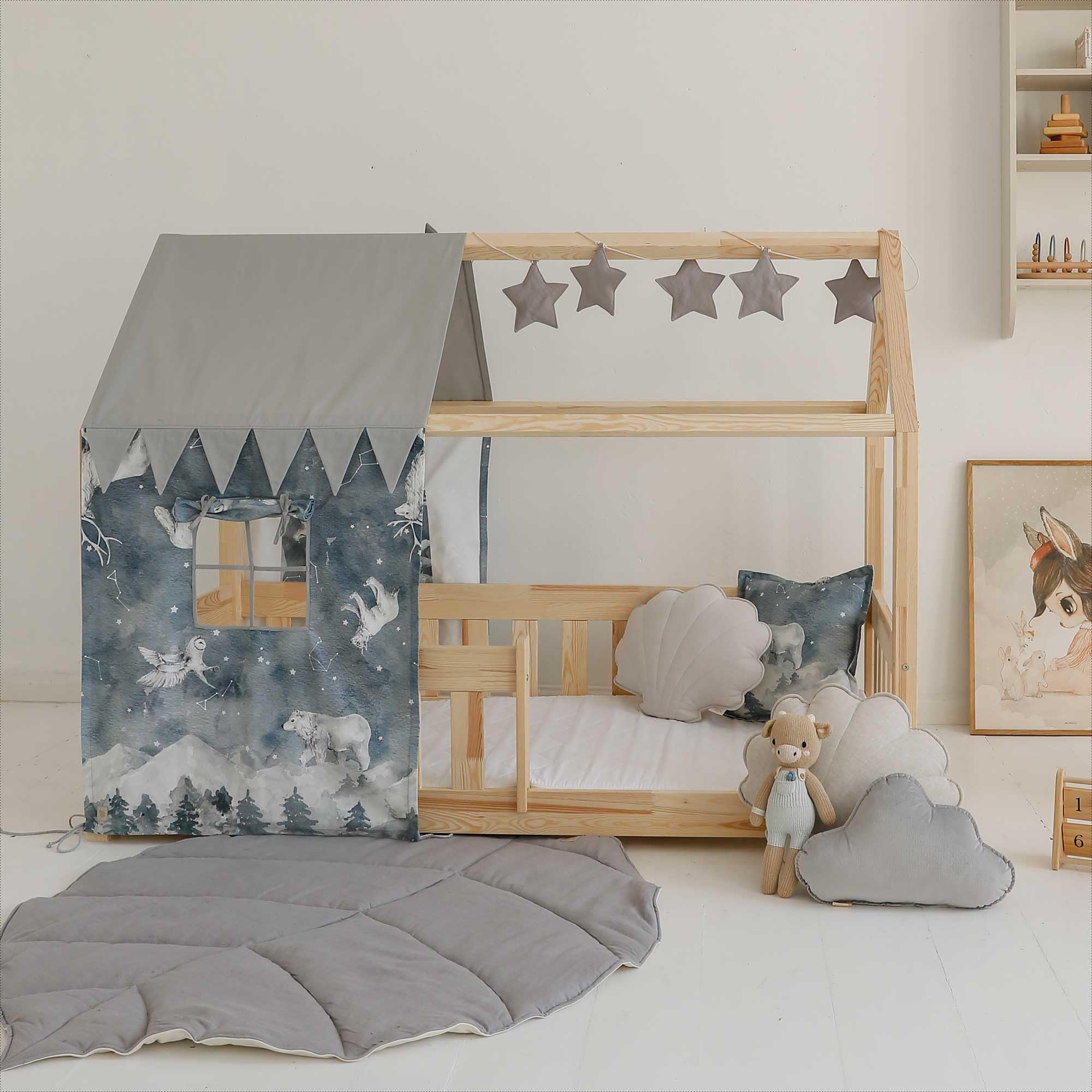 Moi Mili Dosel de cama con aspecto de casa, cortina con estampado de cielo estrellado, 300 x 80 cm, en forma de casa, con ventana para cama infantil, decoración de cama, dosel de casa
