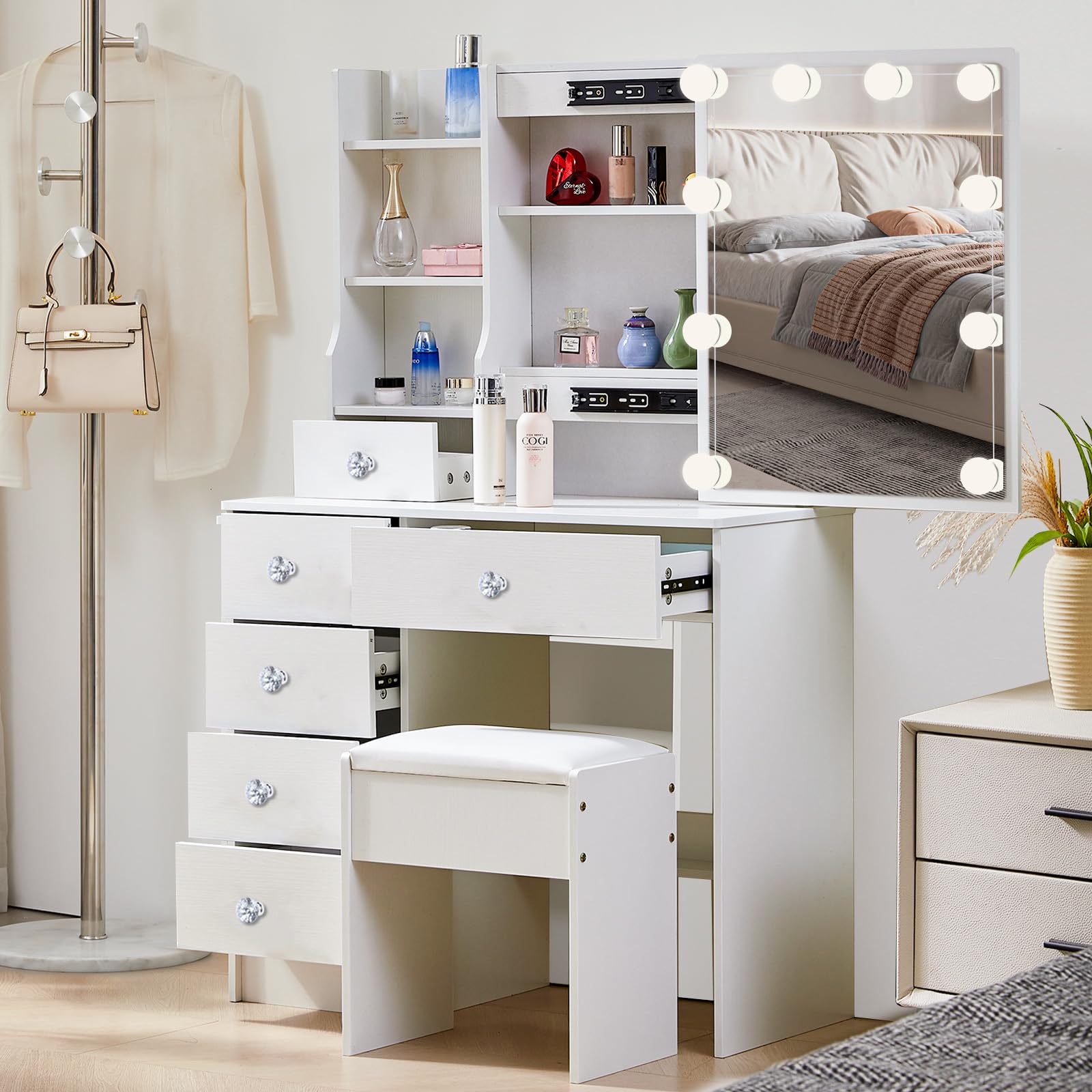 Vanity Desk with Mirror and Lights, Makeup Vanity Table with Lighted Mirror 6 Drawers Storage, Compact Dressing Table Bedroom Vanities Set with Chair for Adult Girls Modern 3139