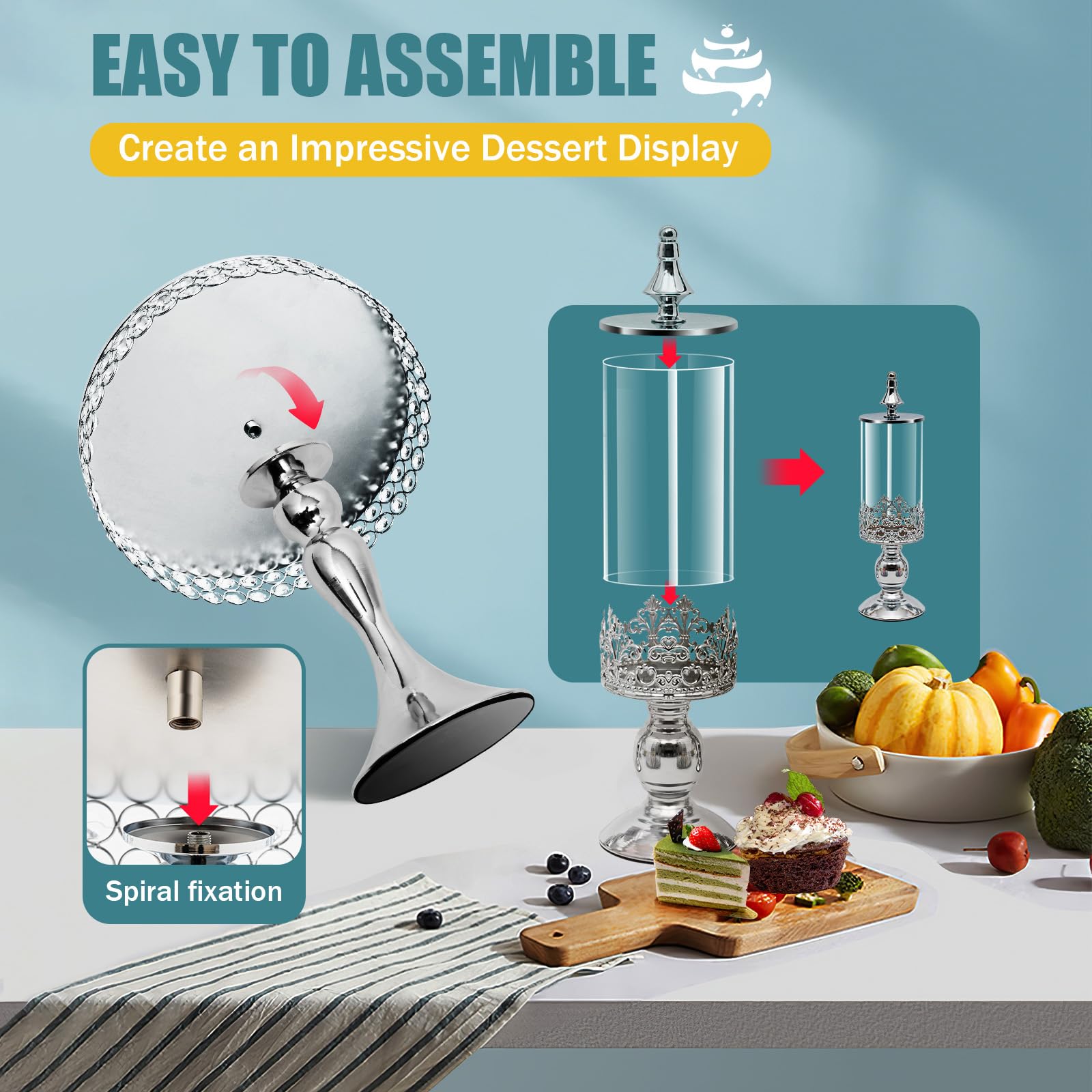 Juego de 11 Piezas de Soportes para Pasteles, Soporte Redondo para Cupcakes de Metal niquelado, Platos de Cristal para postres, Bandeja Rectangular para Galletas con Tapa, Elegante