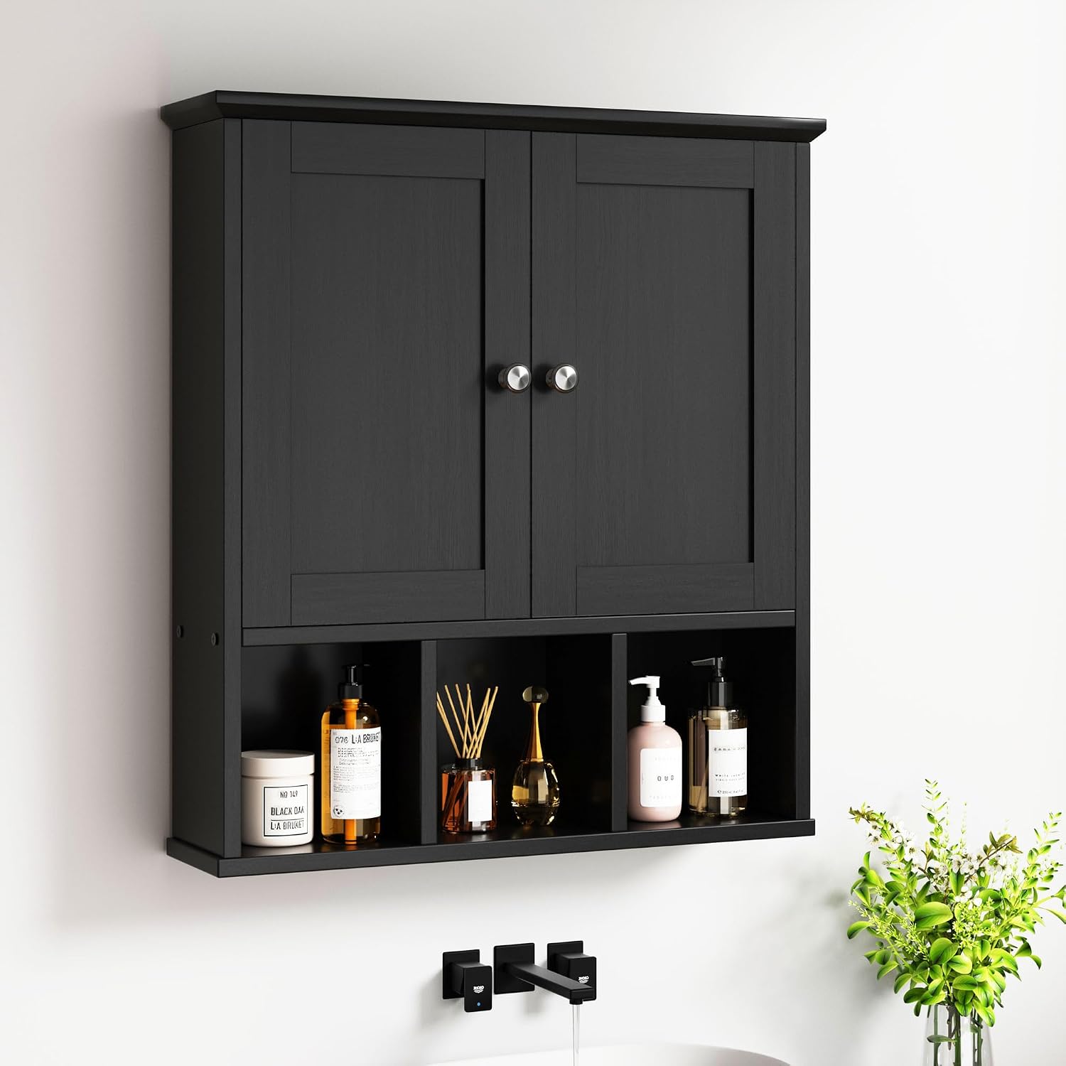 Armario de baño mural Meilocar, organizador de pared para artículos de tocador, toallas y esenciales – MDF impermeable, almacenamiento de baño ahorrador de espacio (negro clásico) miniatura 1