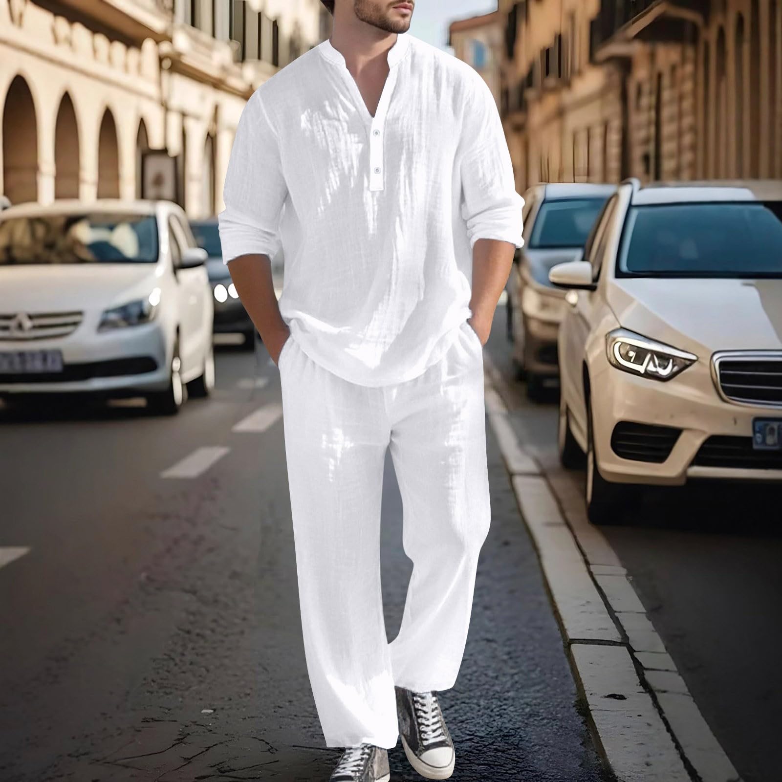 Bastwahl Homme Ensemble en Lin 2 Pièce Casual Chemises Shirt à Manches Longues Pantalons Mode Survêtement Printemps Été Hauts Chemisette et Pantalon