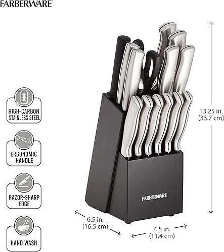 Miniatura 3 de Farberware Juego de 15 cuchillos de cocina de acero inoxidable con sello de alto carbono con bloque de madera, cuchillos de carne, afilados para