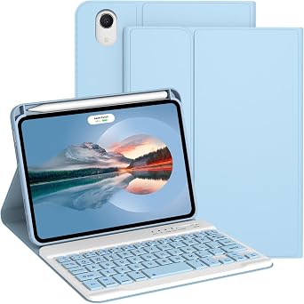 Keyboard Case for iPad mini 7th Generation A17 Pro / Mini 6th Gen | Detachable Wireless Keyboard, Support 3 System, Folio Stand, With Pencil Holder, Soft TPU Shell for iPad 8.3", Light Blue
