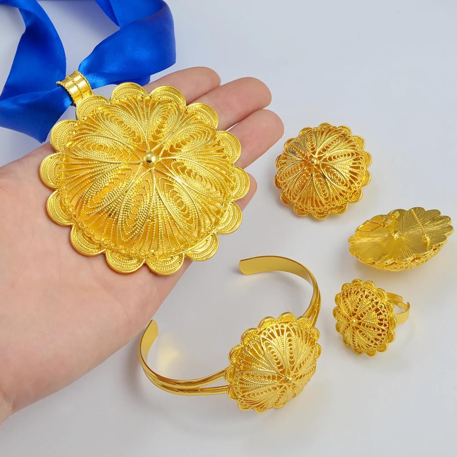 Big Ethiopian Jewelry - Ethiopian Jewelry for Women Set - Big Pendant Necklace Earrings Bracelet Ring African Ethiopian Jewelry Sets Eritrean Traditional Ornaments