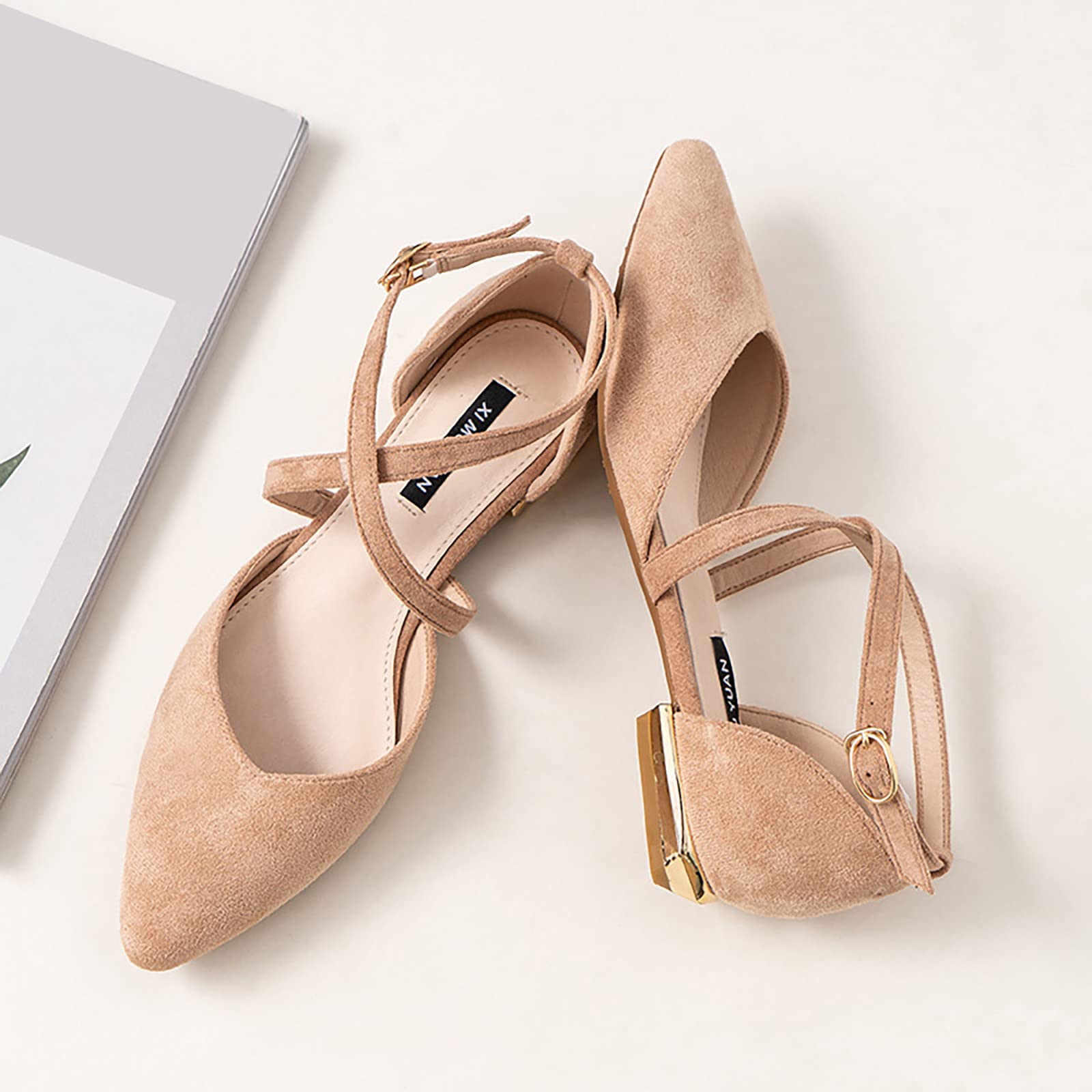 Genérico Sandalias Planas Mujer Verano Cómodas Zapatos de Nuevas Sandalias de Tacón Medio Para Mujer Con Tacón Bajo En Punta Y Hebilla Ante Profunda Comodas Vestir