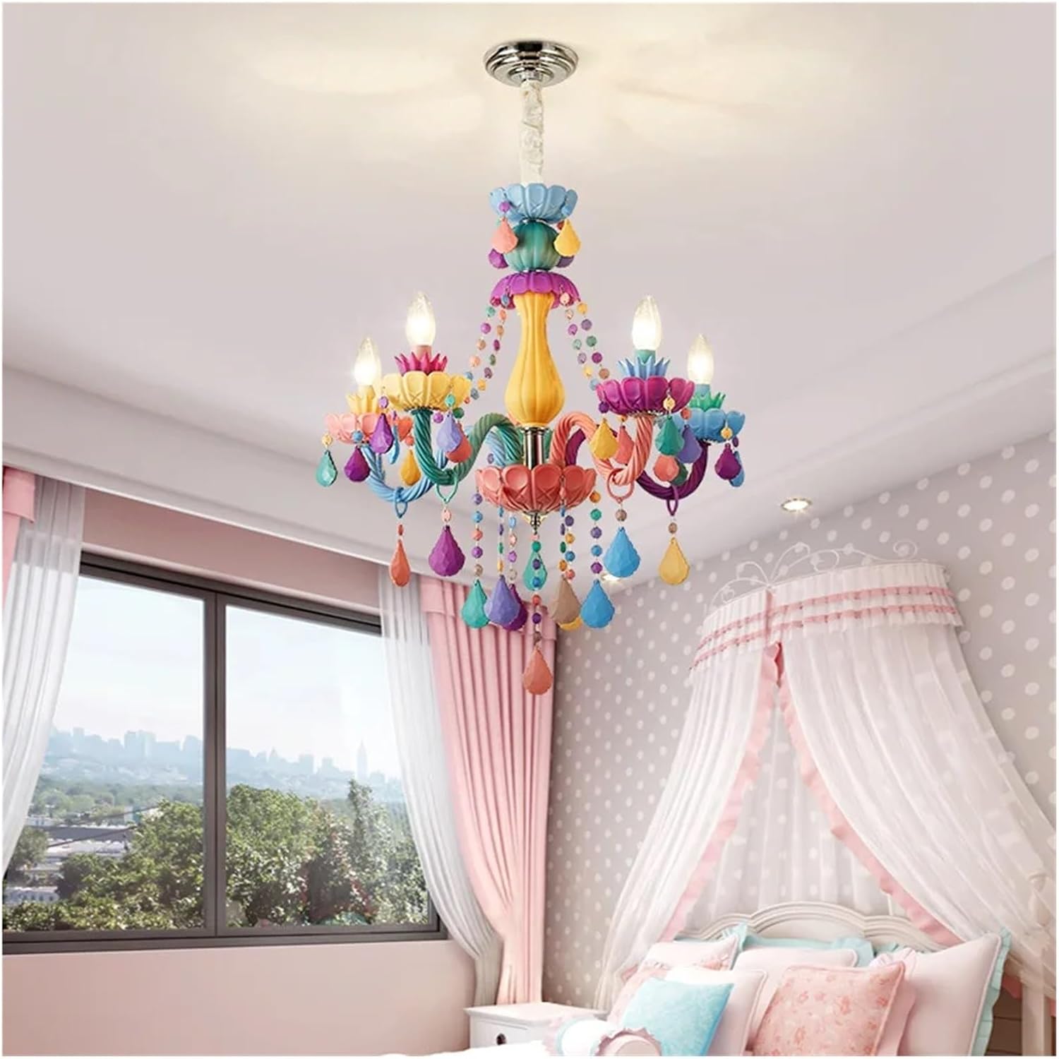 Princess Room Macaron Chandelier Color Room Candle Pendant Lamp European LED Home Atmosphere Lighting Decoration