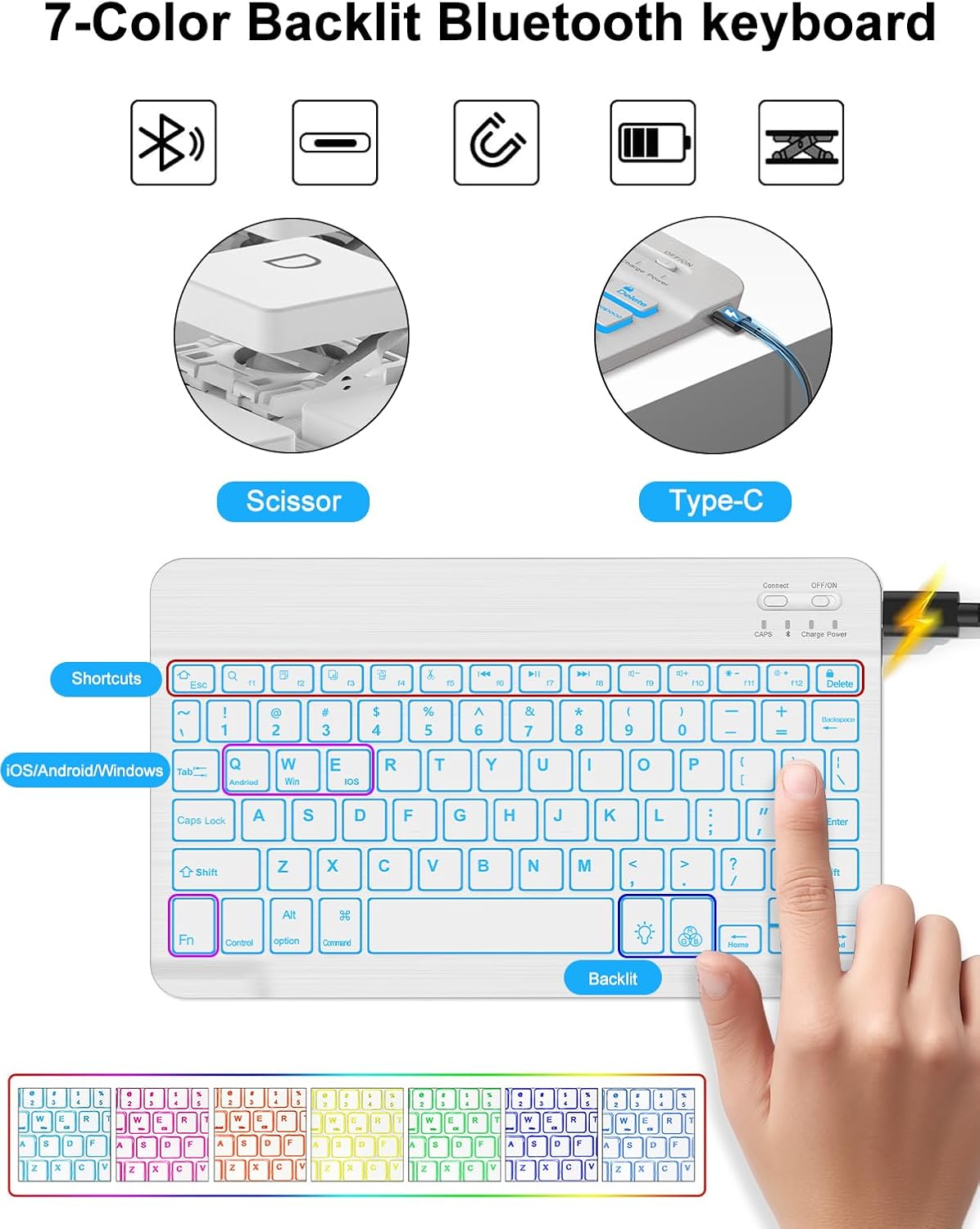 for Samsung Galaxy Tab S10 Lite/ S10 FE/ S9 FE 5G 10.9 Inch/Tab S9 11 Inch Keyboard Case with S Pen Holder, 7 Color Backlit, Magnetic Detachable Wireless Bluetooth Keyboard, Stand Resistant Cover