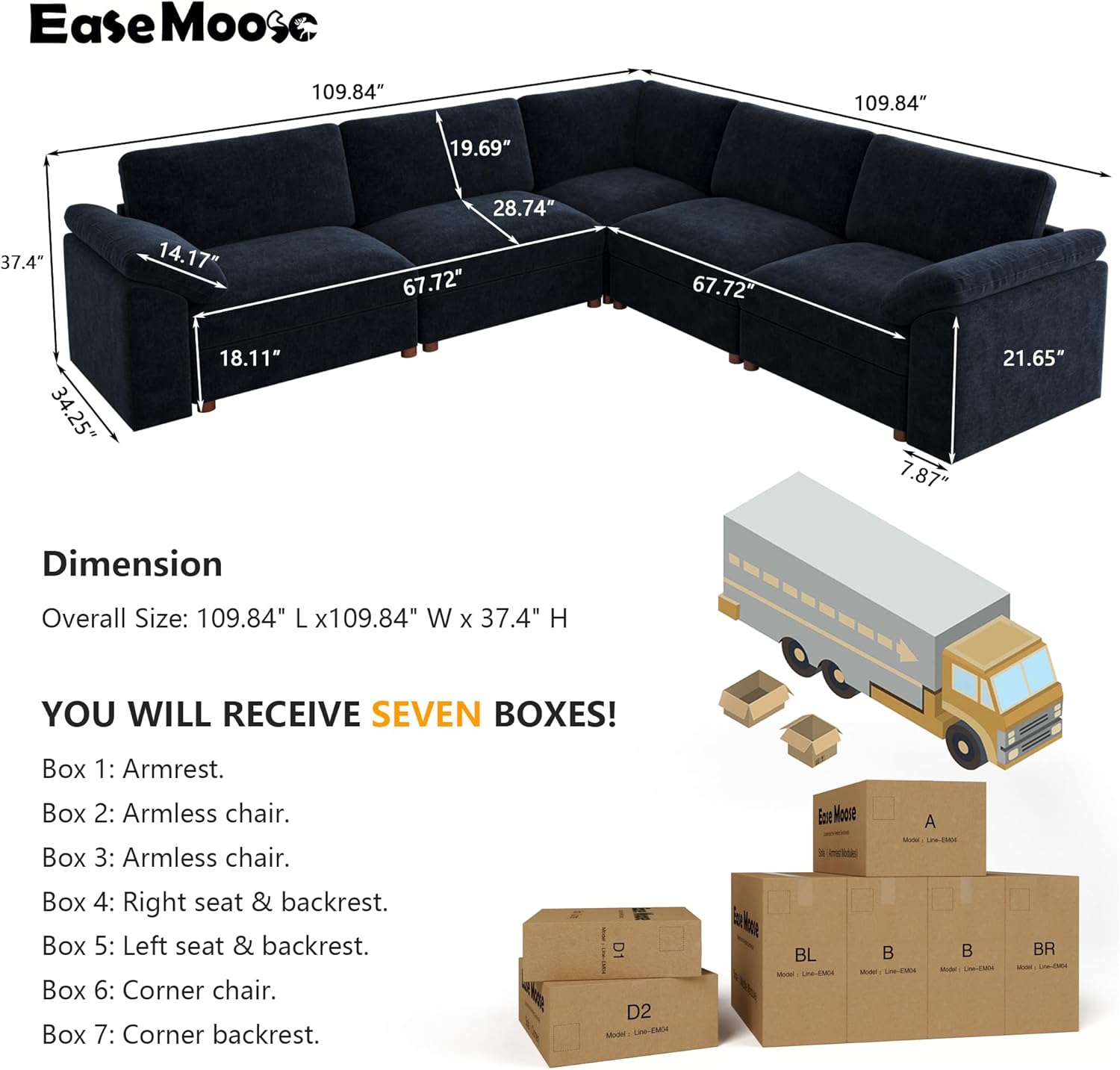 EASE MOOSE Chenille Sectional Modular Sofa,Blue Oversized L Shape Sectional Couch Wide Deep Modular Sofa Couch,Removable Cover