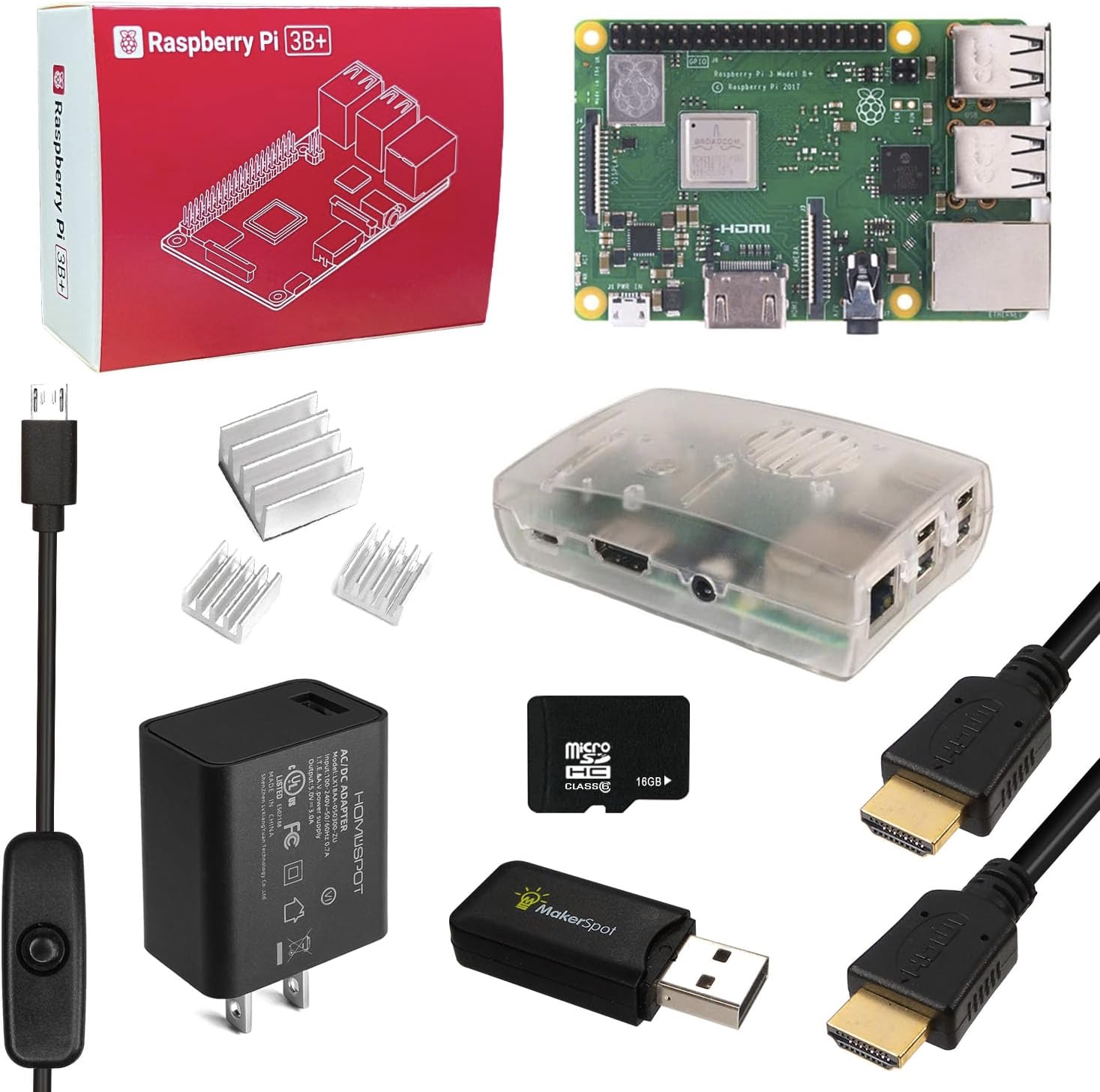 Raspberry Pi 3 B+ Model B Plus Starter Kit by MakerSpot with 5v3a UL Listed Charger HDMI Cable Heat Sink & 16GB MicroSD Card