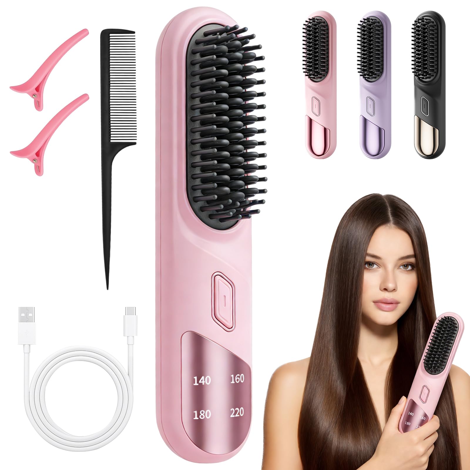 Go Brush Pro for Short Hair, Cordless Ceramic Heated Hair Straightening Comb, 2026 New 5 Min Heated Hair Straightener Brush 160-200 °C, Styling Tools Gift for Short Medium Long Curly Hair (Pink)